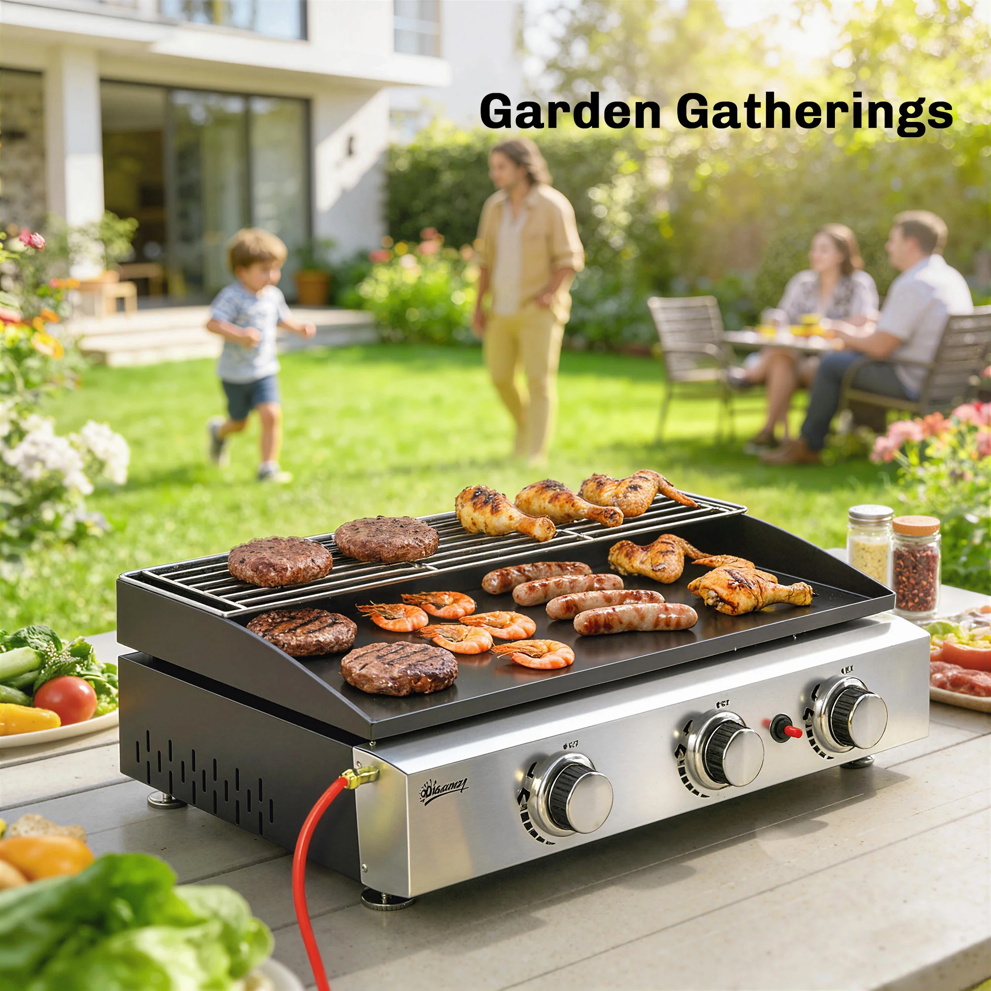 Outsunny 3 Burner Grill Griddle, Tabletop Gas BBQ With Grease Cup, Black - Image 9