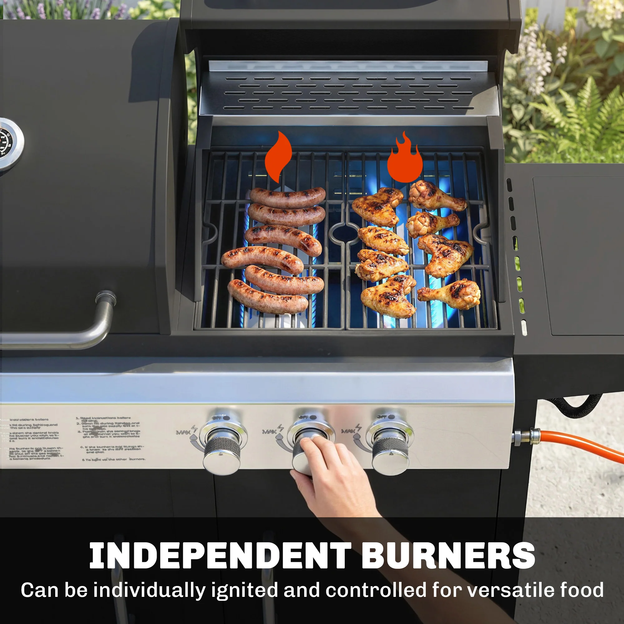 Outsunny 3 Burner Hybrid Dual Fuel BBQ Gas Grill With Side Burner, Black - Image 6