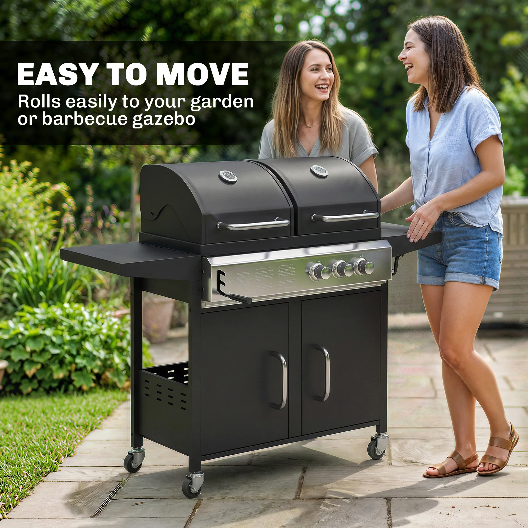 Outsunny 3 Burner Hybrid Dual Fuel BBQ Gas Grill With Side Burner, Black - Image 9