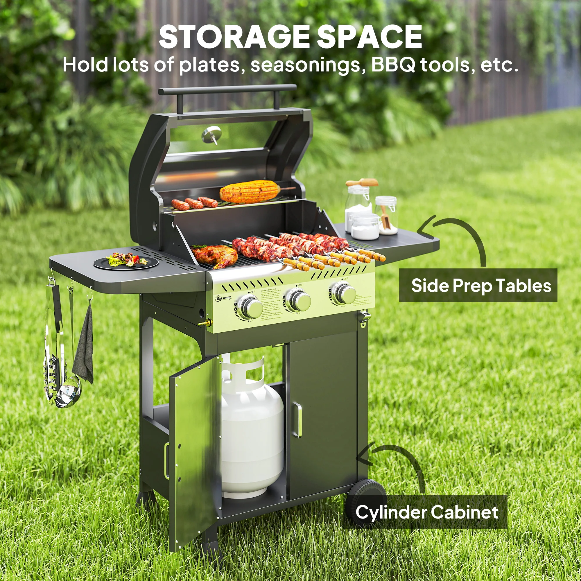 Outsunny 3 Burner Propane Gas BBQ Grill with See-through Lid and Thermometer - Image 6