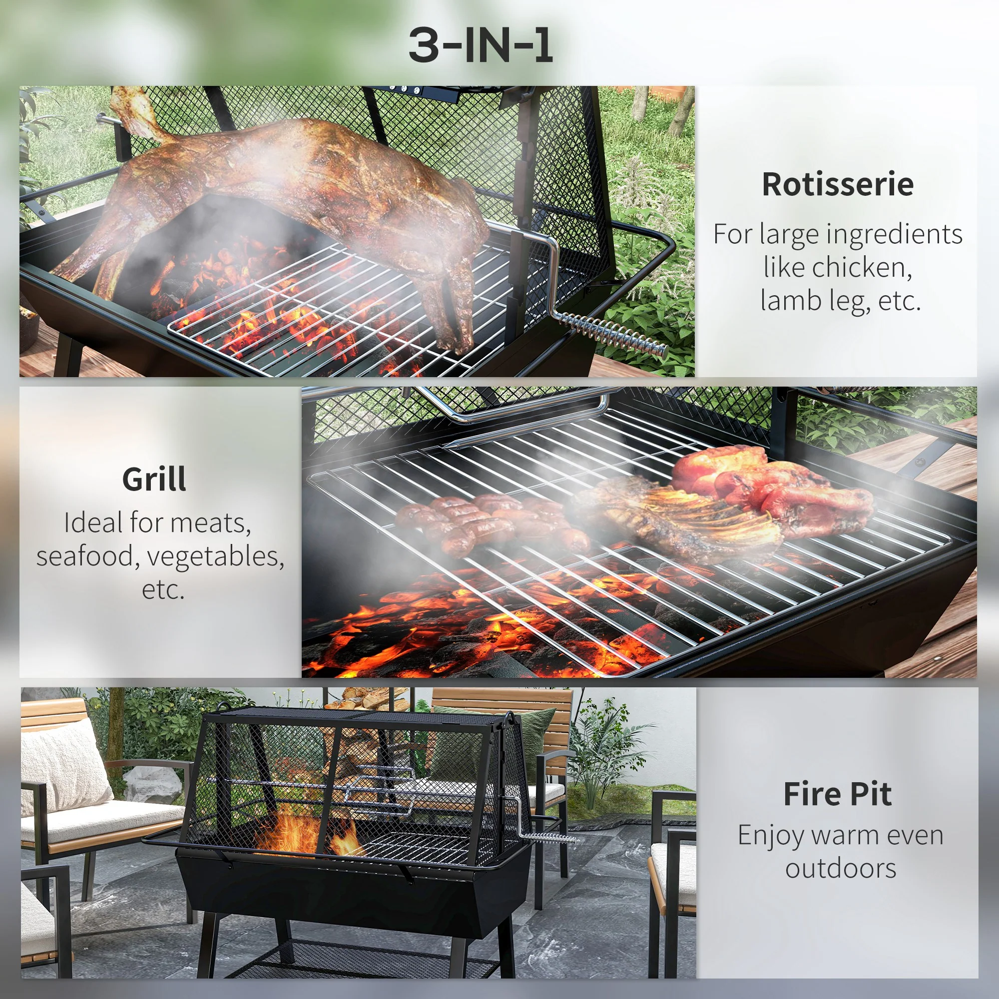 Outsunny 3-in-1 BBQ Rotisserie Grill Roaster Fire Pit for Outdoor Picnic Camping - Image 3