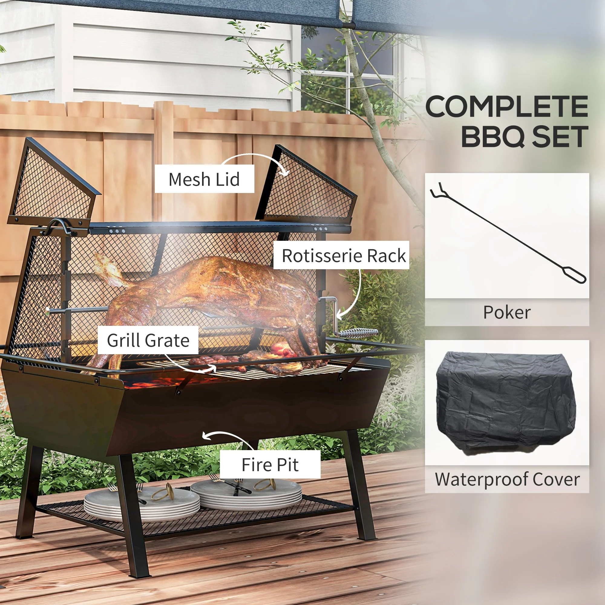 Outsunny 3-in-1 BBQ Rotisserie Grill Roaster Fire Pit for Outdoor Picnic Camping - Image 7