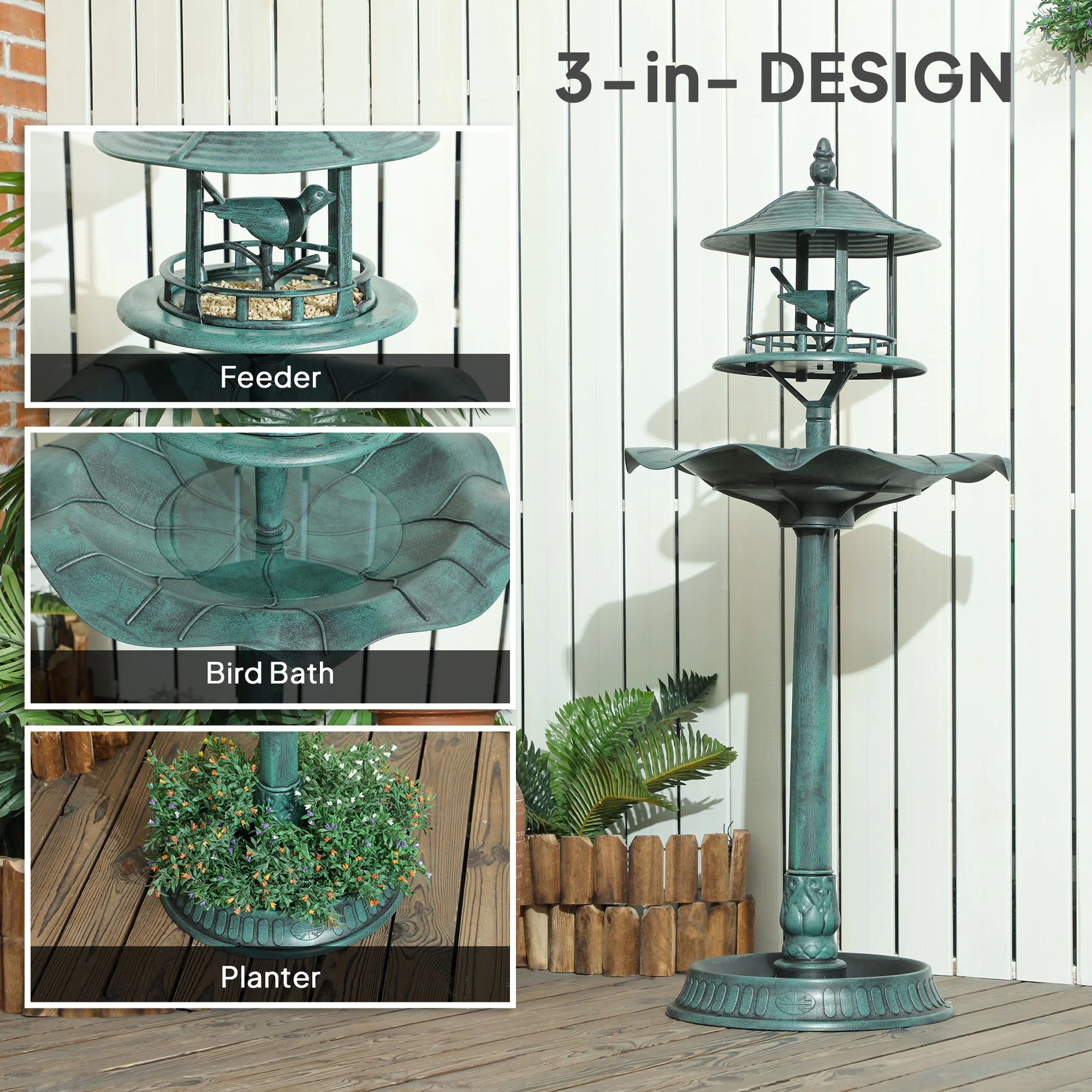 Outsunny 3-in-1 Garden Bird Bath, Birdbath with Large Water Basin, Green - Image 4