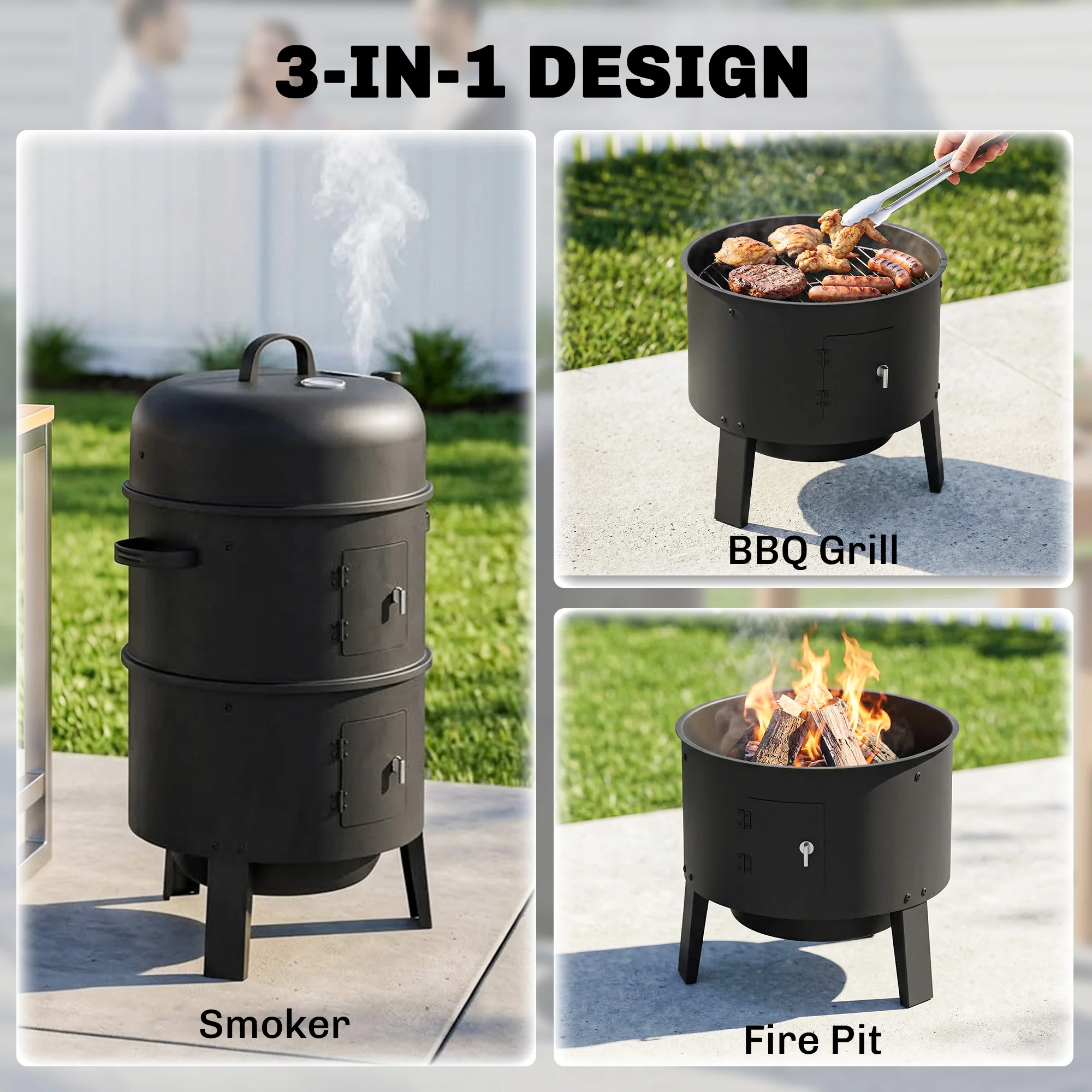 Outsunny 3-in-1 Vertical Charcoal Smoker With 2 Grill Grates, Thermometer - Image 3
