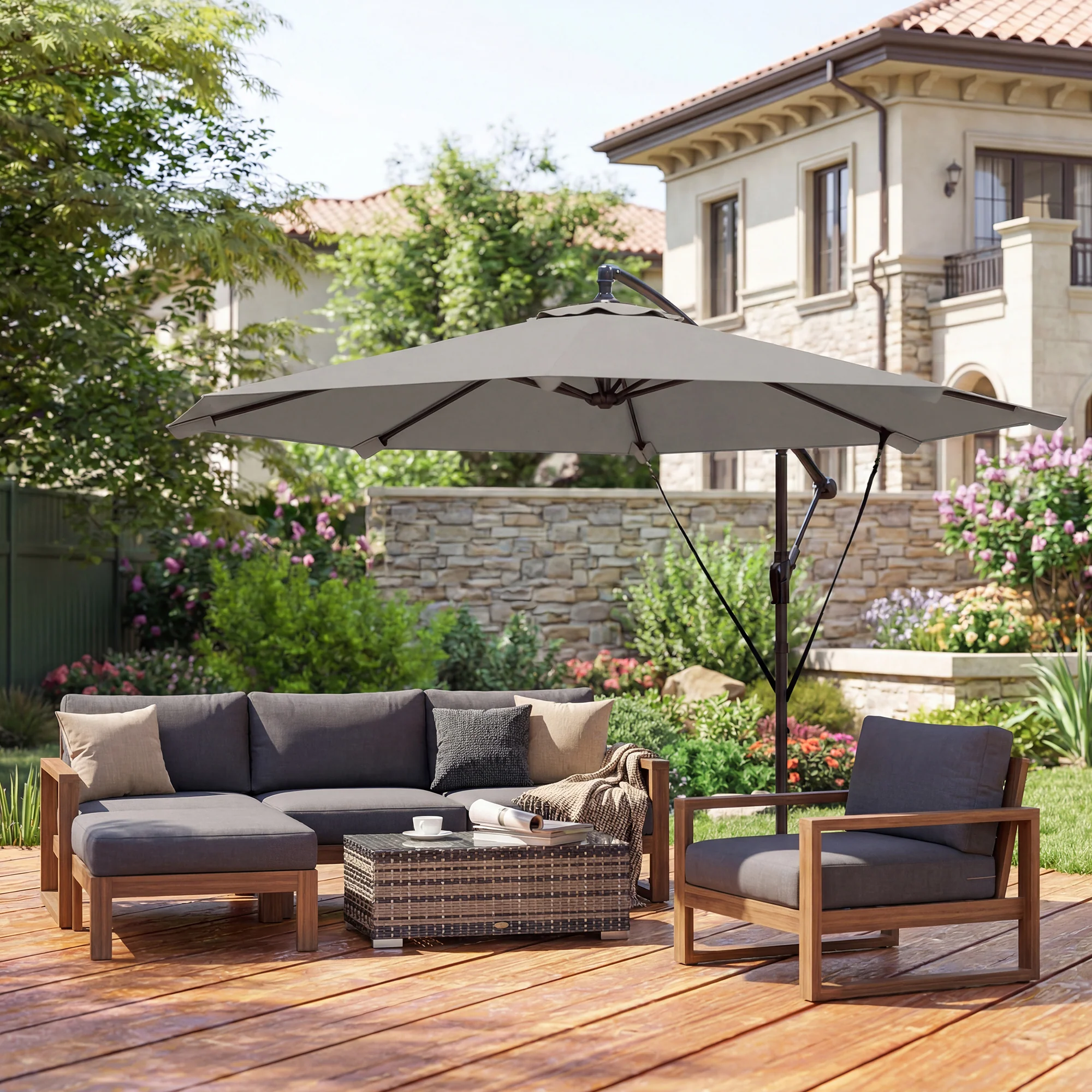 Outsunny 3 M Cantilever Parasol, Offset Umbrella With Cover And Wind Ropes - Image 9