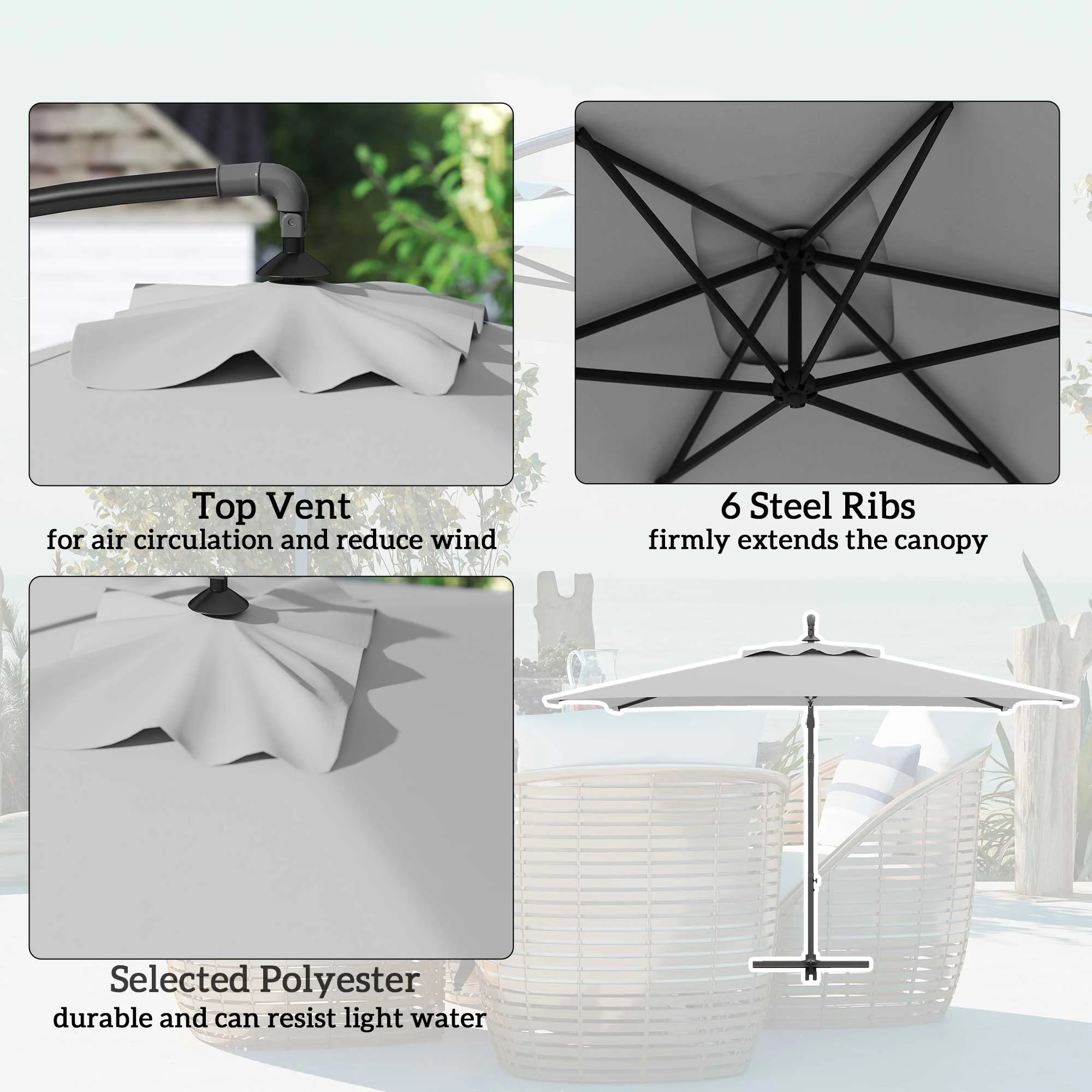 Outsunny 3 m Cantilever Parasol with Cross Base, Crank Handle, 6 Ribs - Image 12