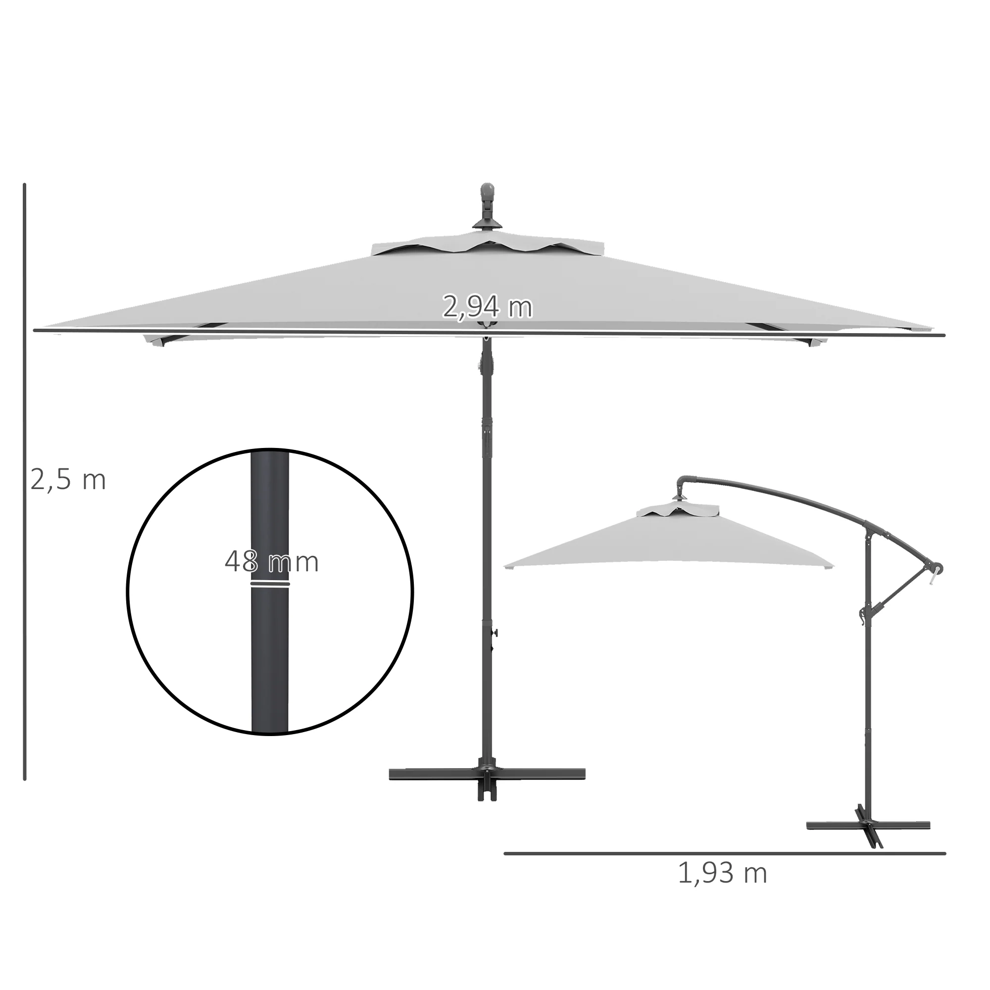 Outsunny 3 m Cantilever Parasol with Cross Base, Crank Handle, 6 Ribs - Image 13