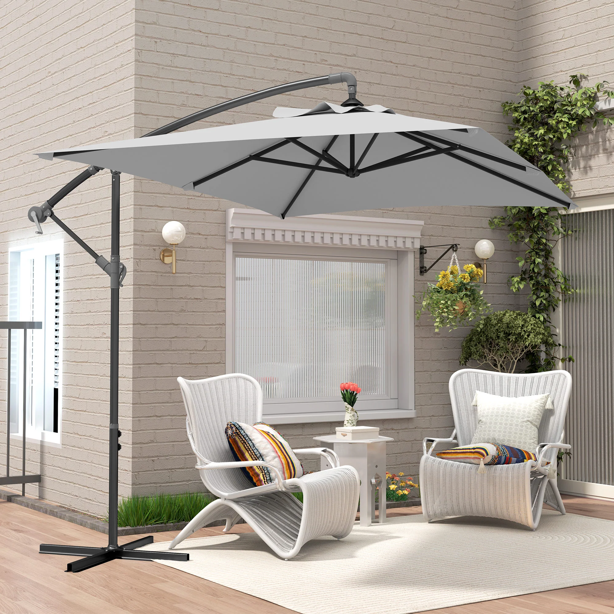 Outsunny 3 m Cantilever Parasol with Cross Base, Crank Handle, 6 Ribs - Image 16