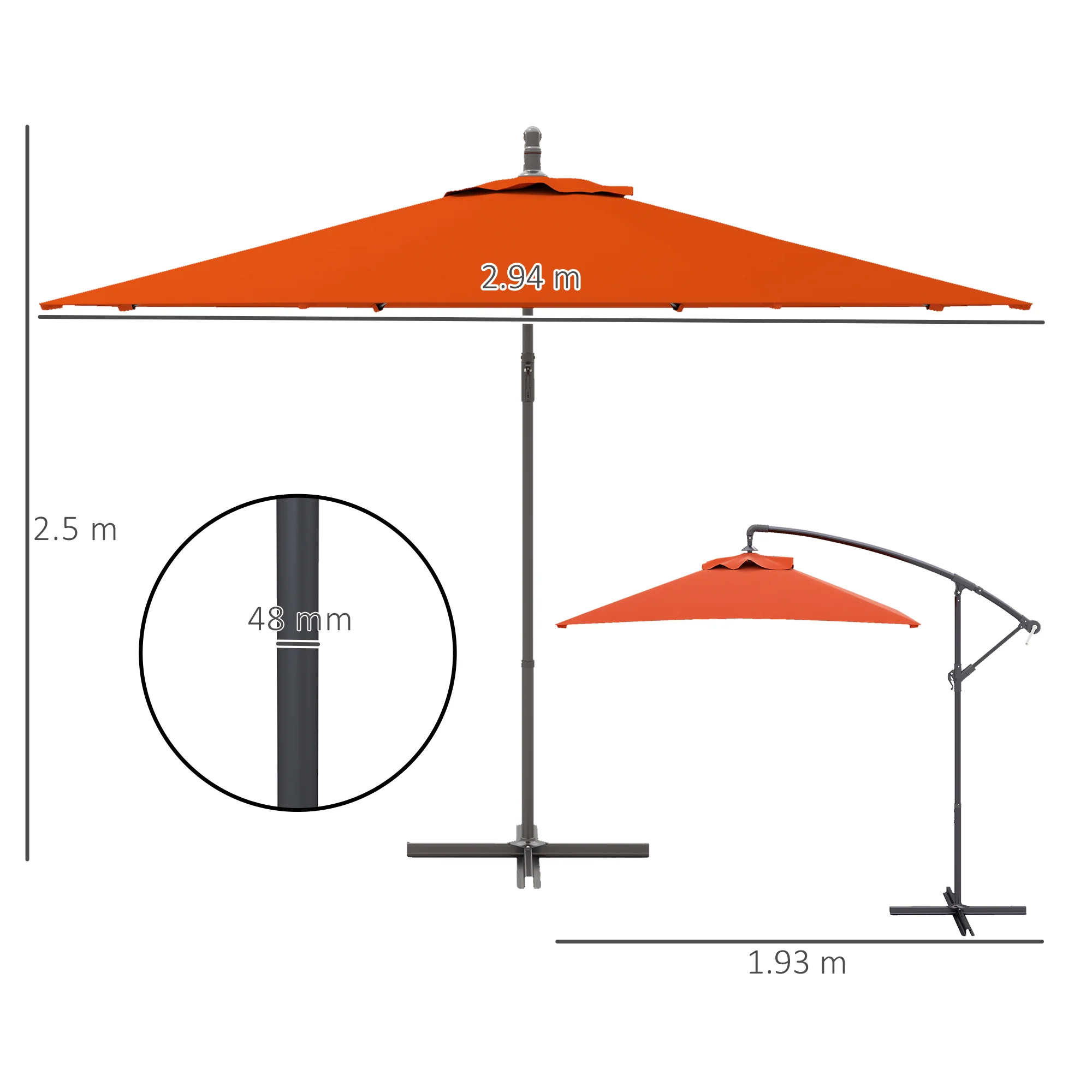 Outsunny 3 m Cantilever Parasol with Cross Base, Crank Handle, 6 Ribs - Image 22