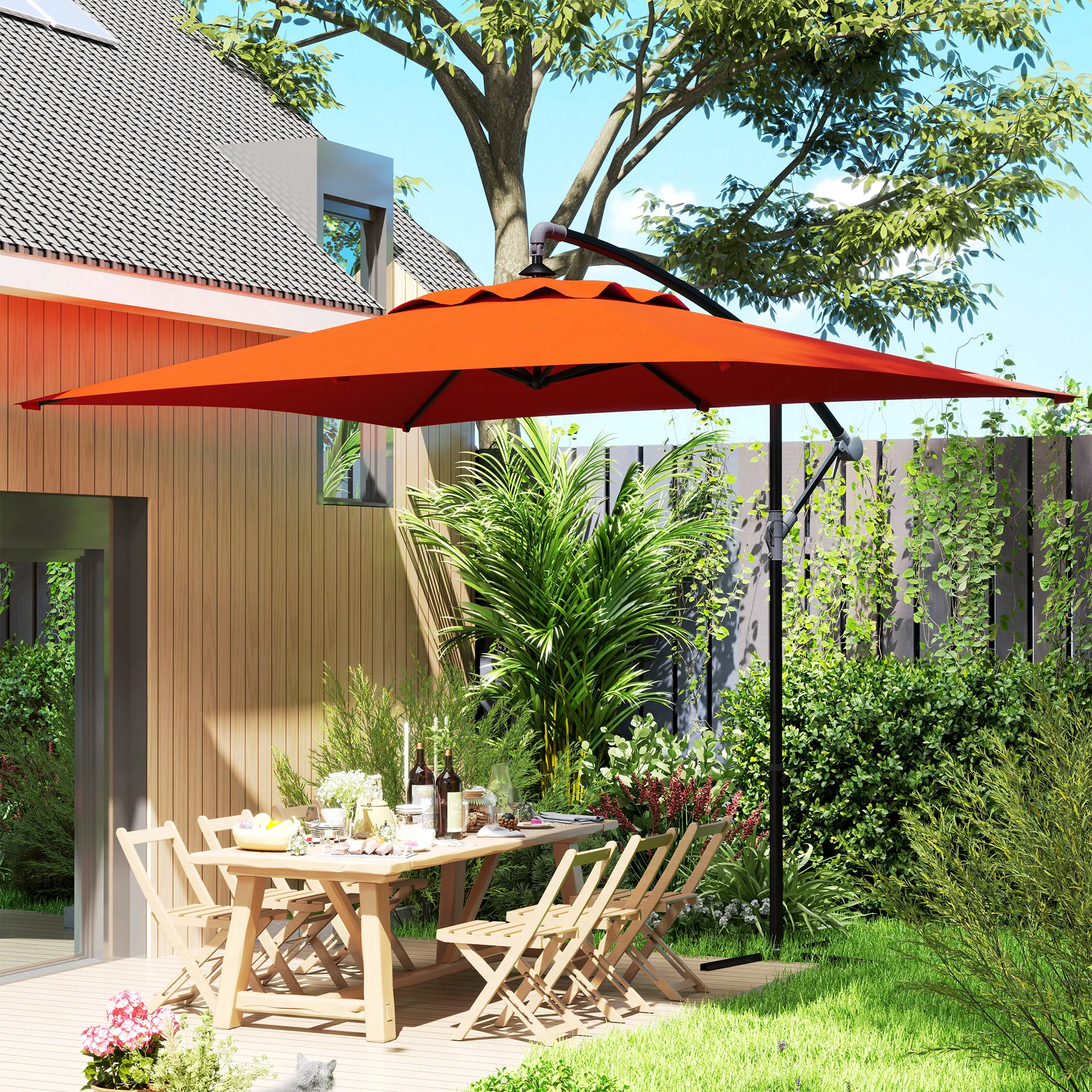 Outsunny 3 m Cantilever Parasol with Cross Base, Crank Handle, 6 Ribs - Image 25
