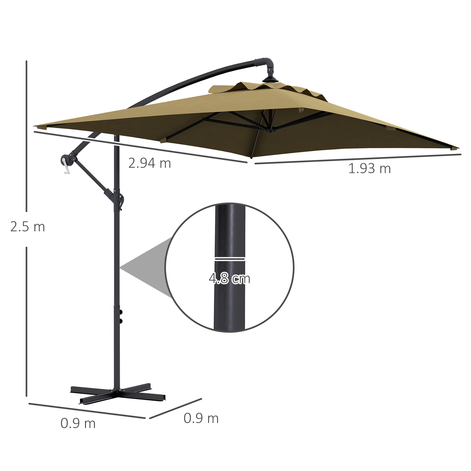 Outsunny 3 m Cantilever Parasol with Cross Base, Crank Handle, 6 Ribs, Brown - Image 5