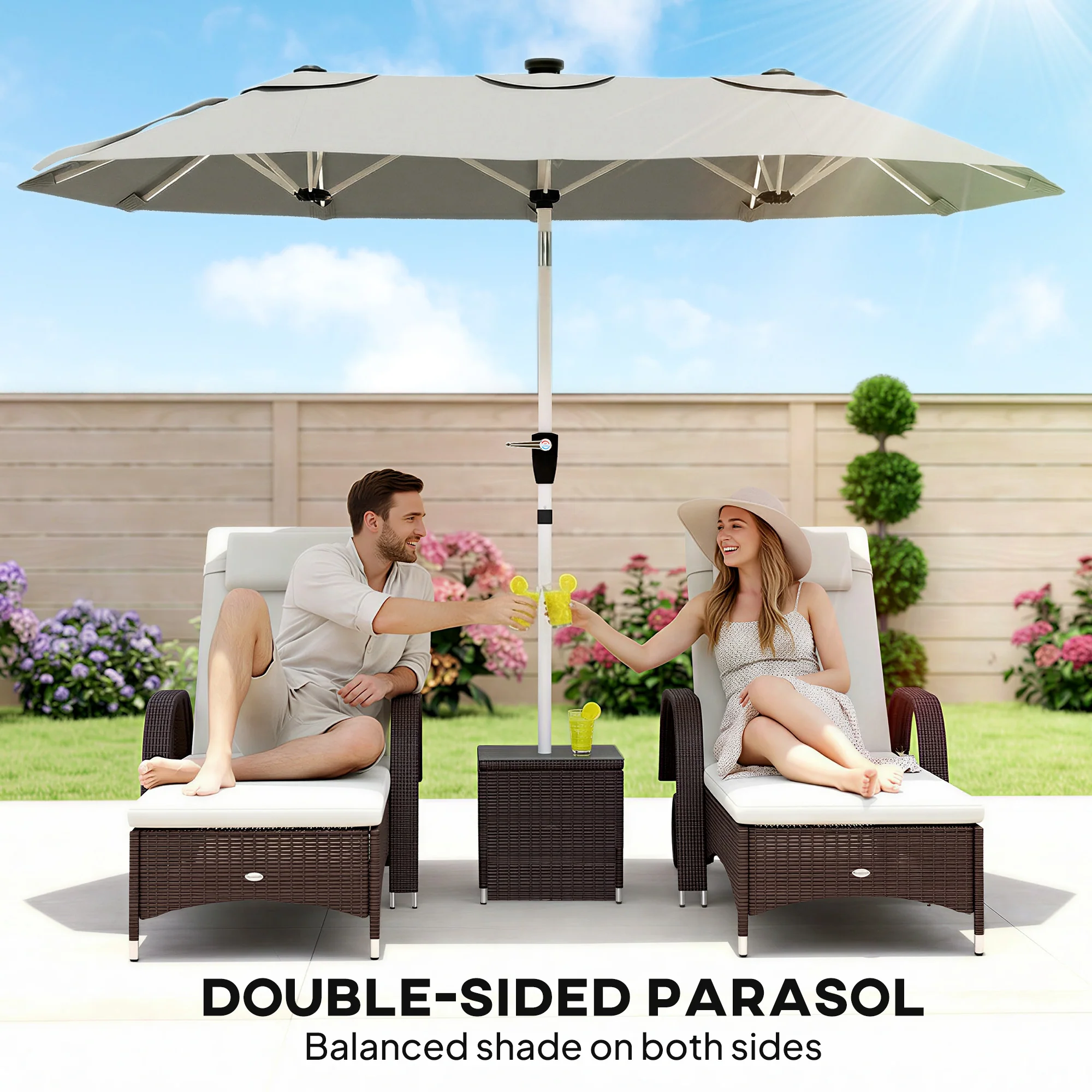 Outsunny 3 m Double-Sided Garden Parasol with Solar Lights, Grey - Image 4