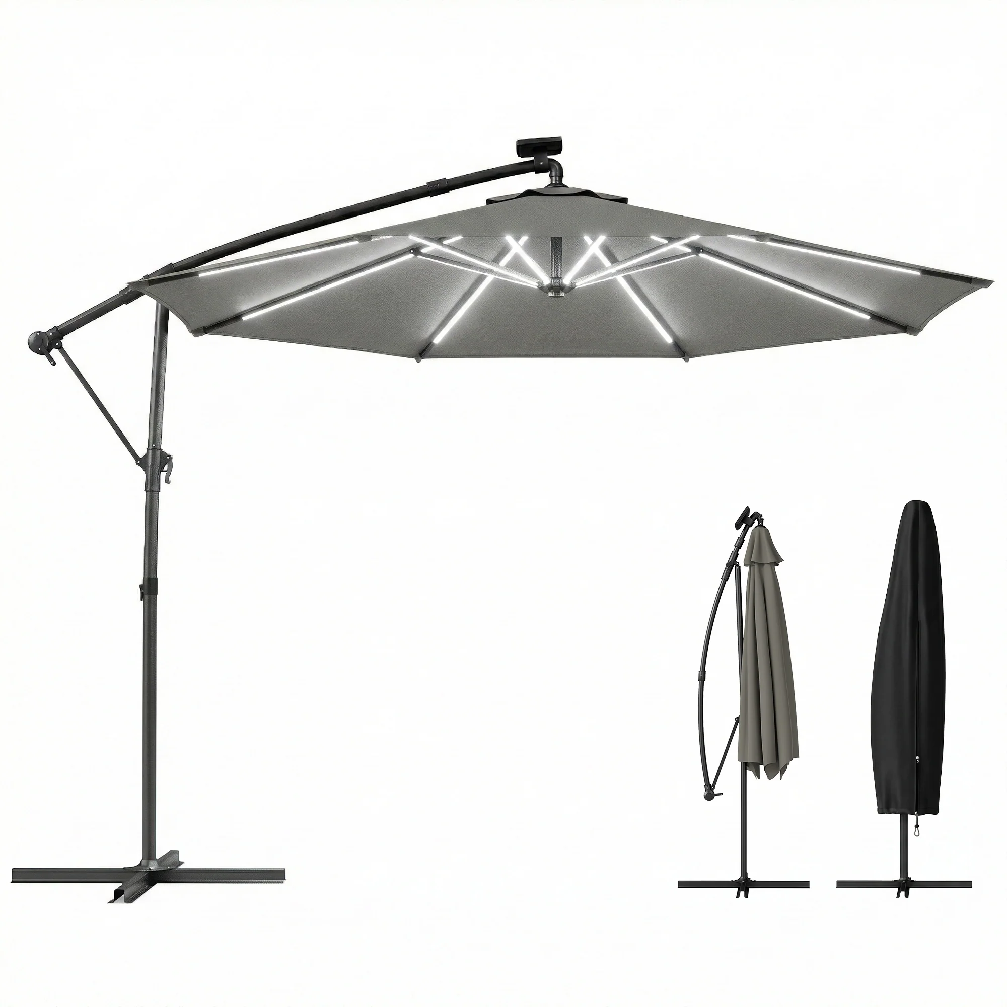 Outsunny 3 M Garden Cantilever Parasol With Solar Light, Rotation, Grey