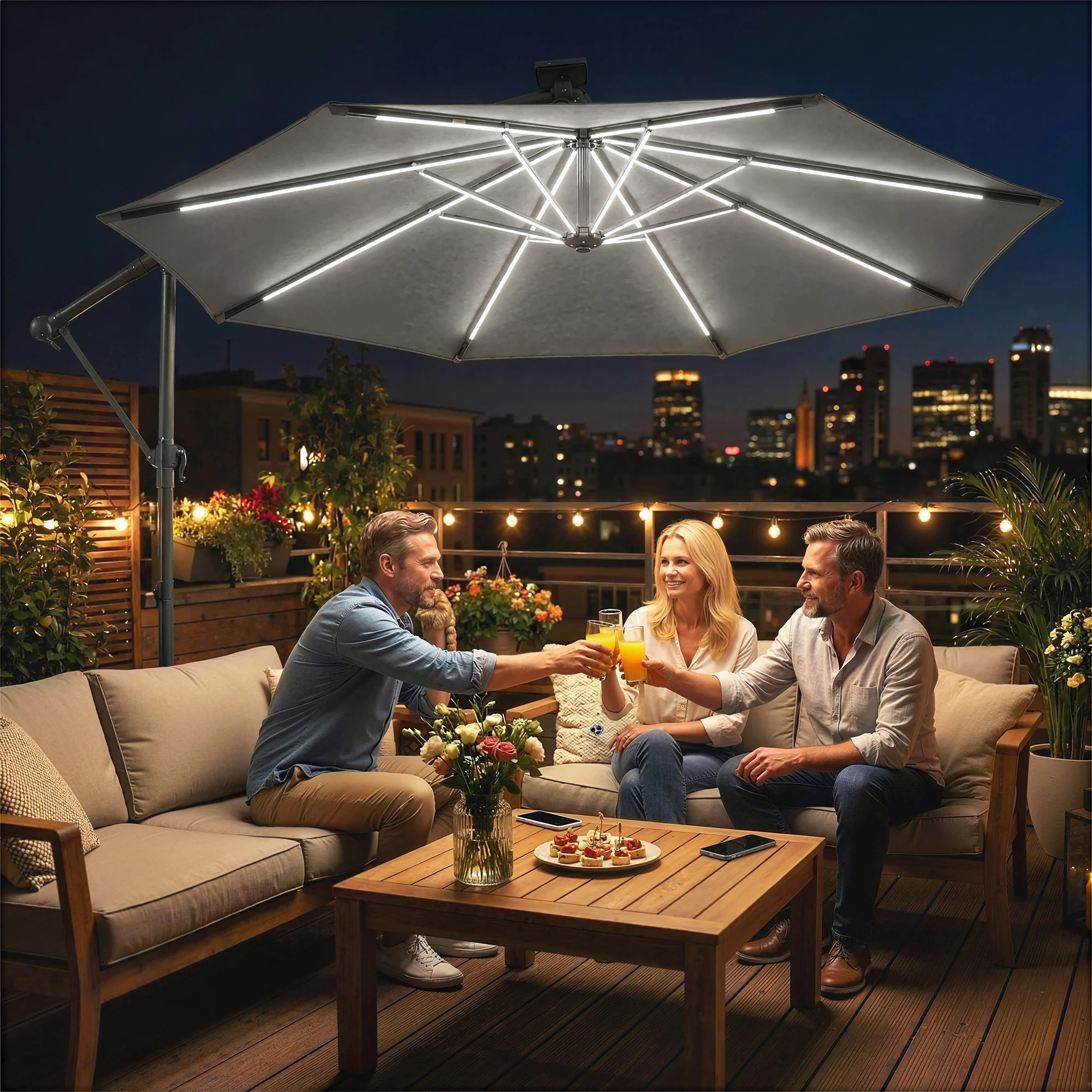 Outsunny 3 M Garden Cantilever Parasol With Solar Light, Rotation, Grey - Image 2