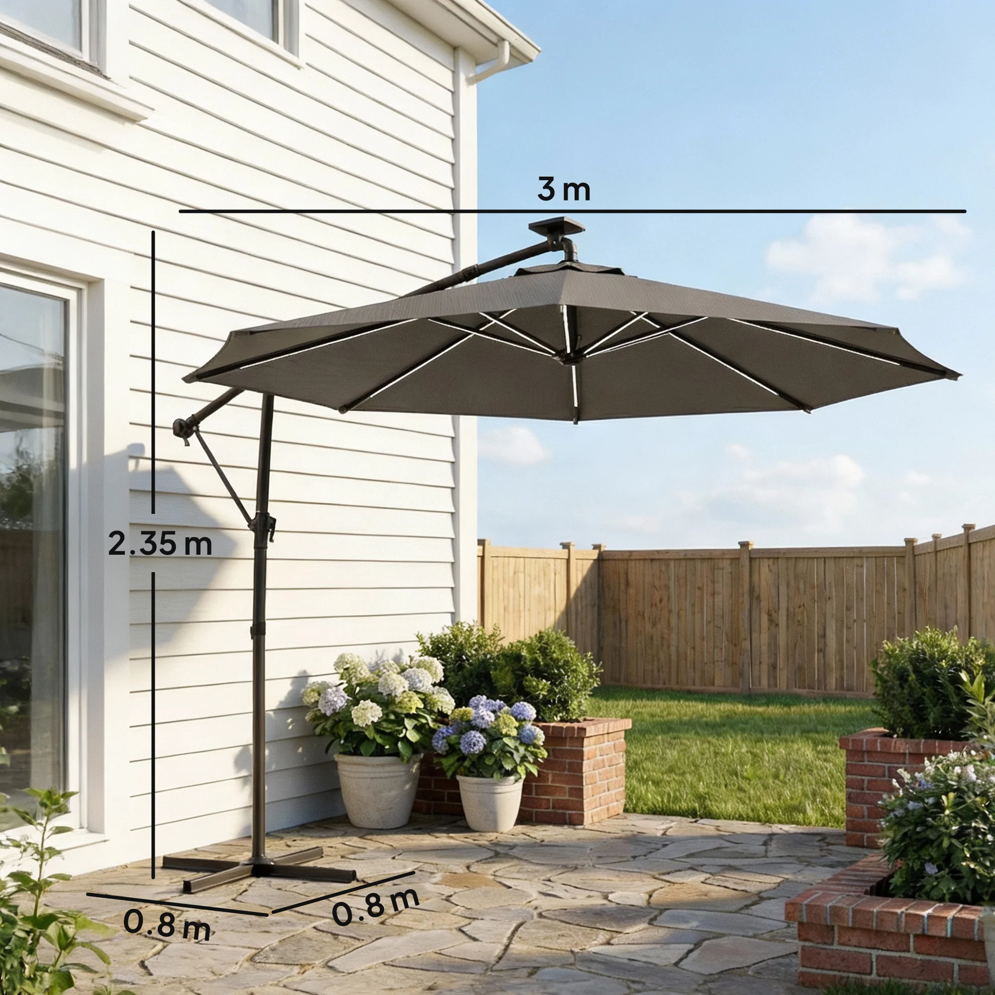 Outsunny 3 M Garden Cantilever Parasol With Solar Light, Rotation, Grey - Image 3