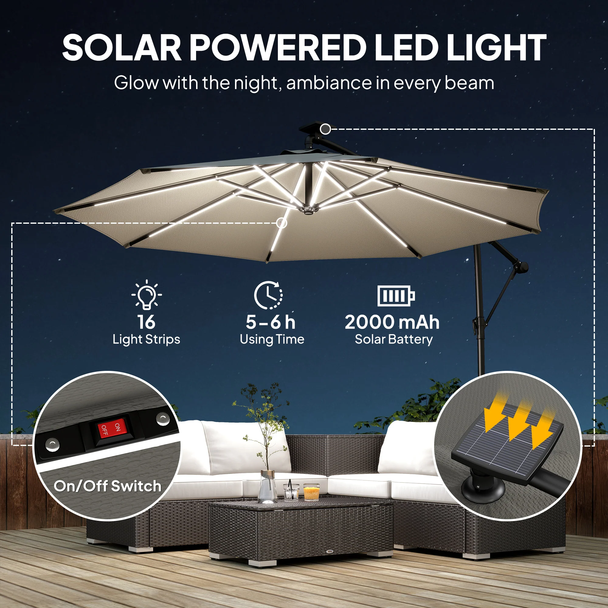 Outsunny 3 M Garden Cantilever Parasol With Solar Light, Rotation, Grey - Image 4