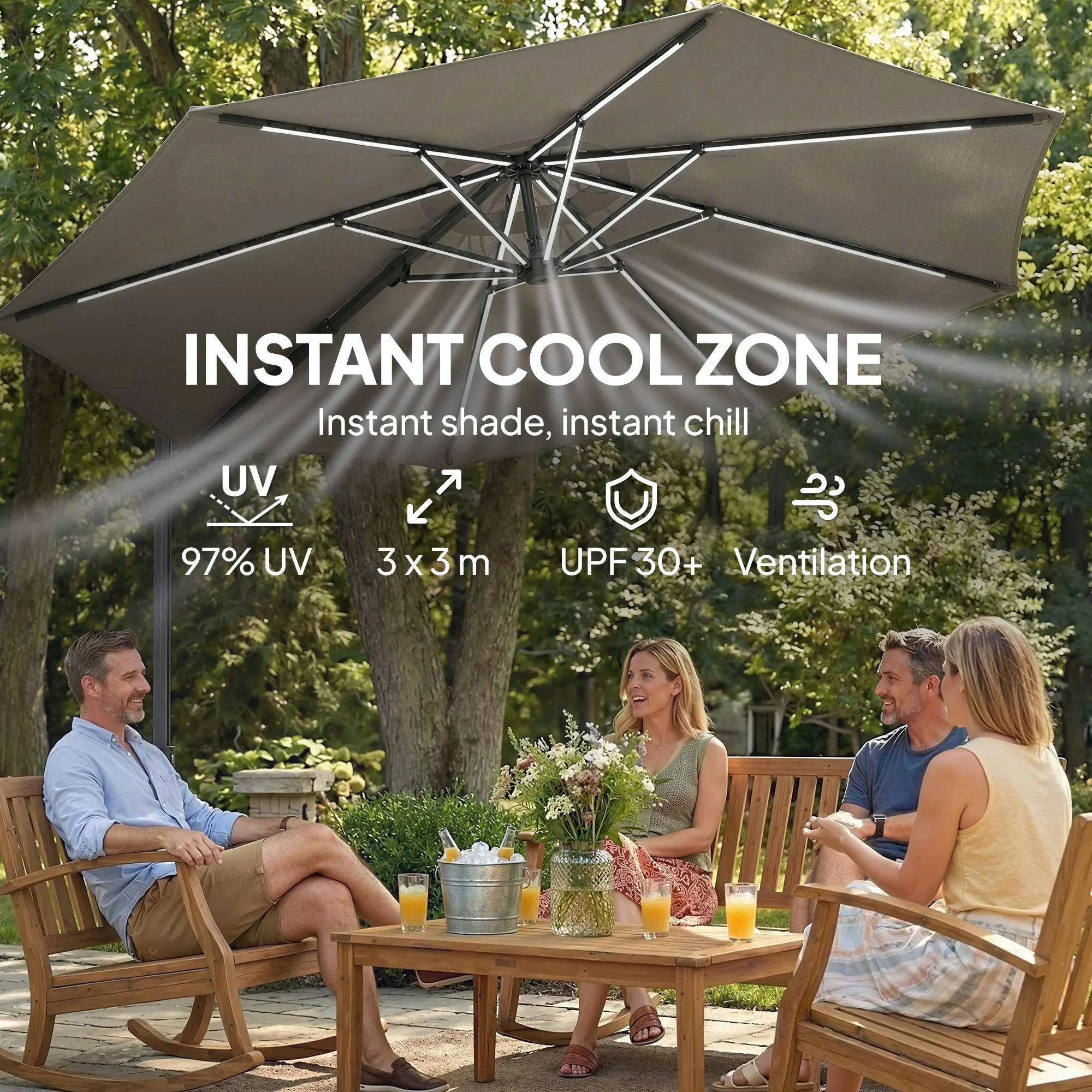Outsunny 3 M Garden Cantilever Parasol With Solar Light, Rotation, Grey - Image 5