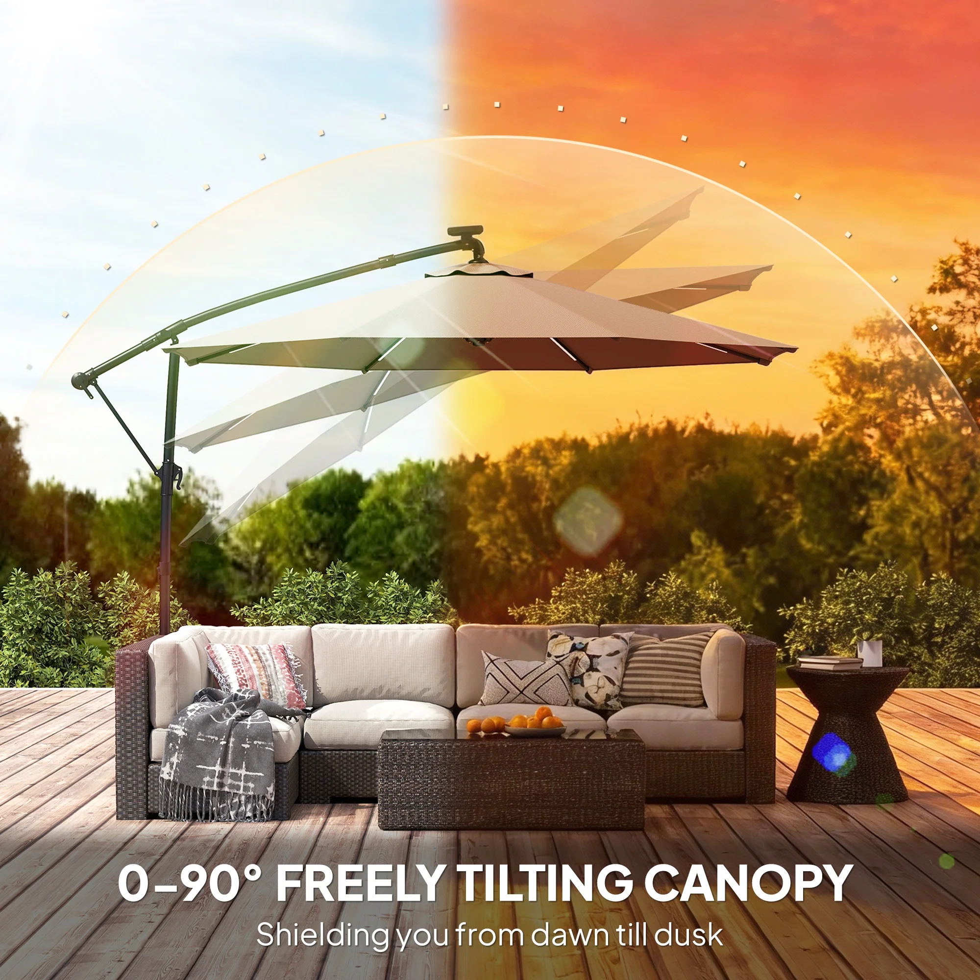 Outsunny 3 M Garden Cantilever Parasol With Solar Light, Rotation, Grey - Image 6