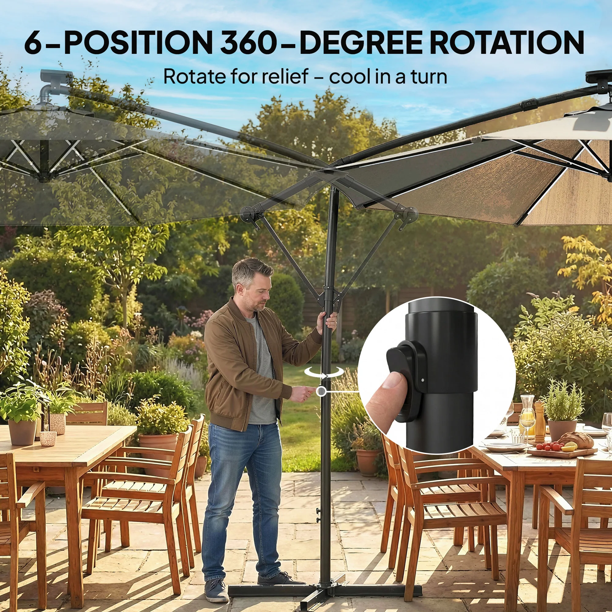 Outsunny 3 M Garden Cantilever Parasol With Solar Light, Rotation, Grey - Image 7