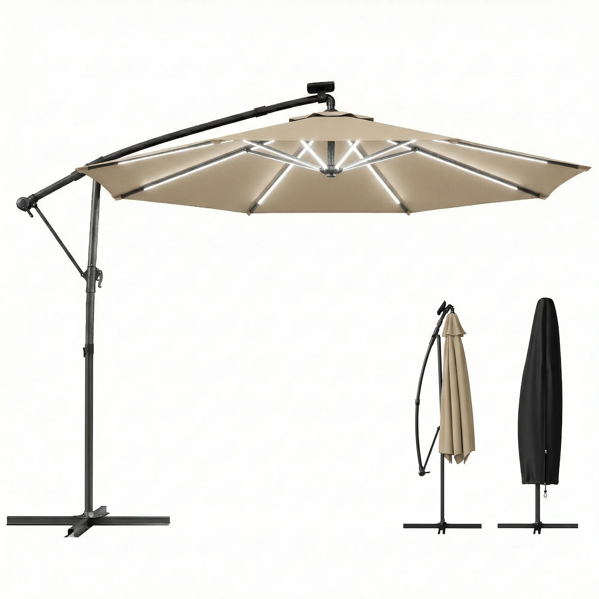 Outsunny 3 M Garden Cantilever Parasol With Solar Light, Rotation, Khaki