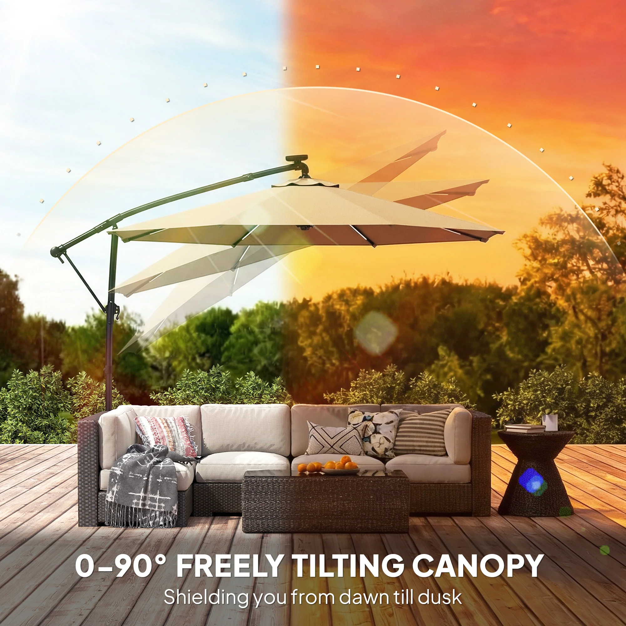 Outsunny 3 M Garden Cantilever Parasol With Solar Light, Rotation, Khaki - Image 6