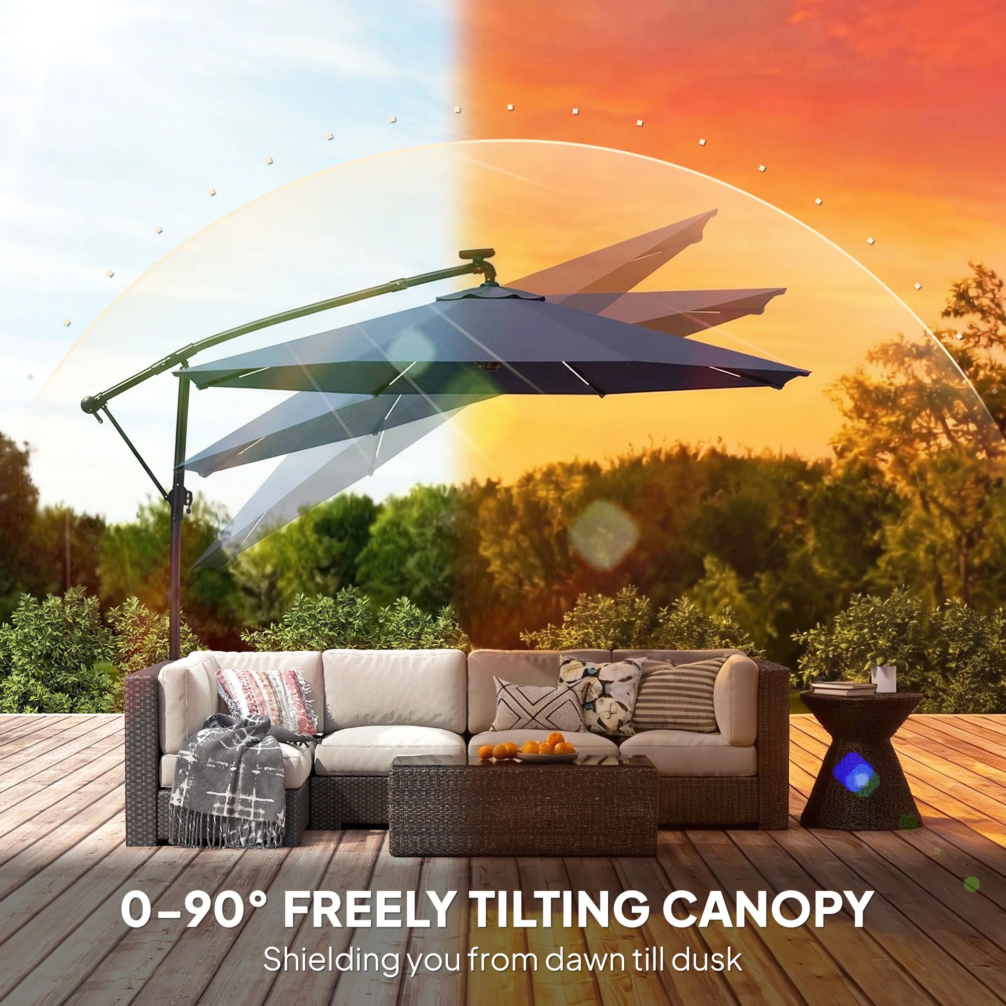 Outsunny 3 M Garden Cantilever Parasol With Solar Light, Rotation, Navy Blue - Image 6