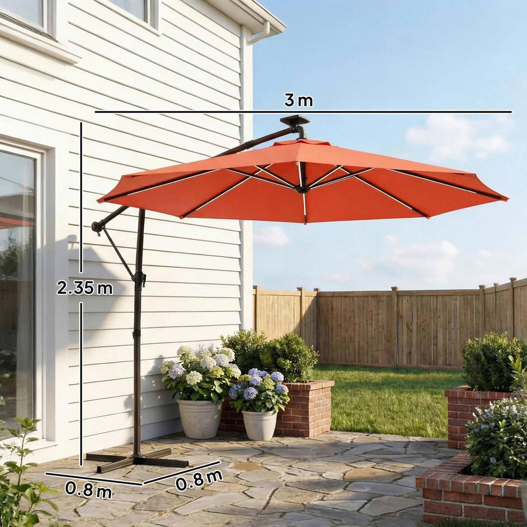 Outsunny 3 M Garden Cantilever Parasol With Solar Light, Rotation, Orange - Image 3