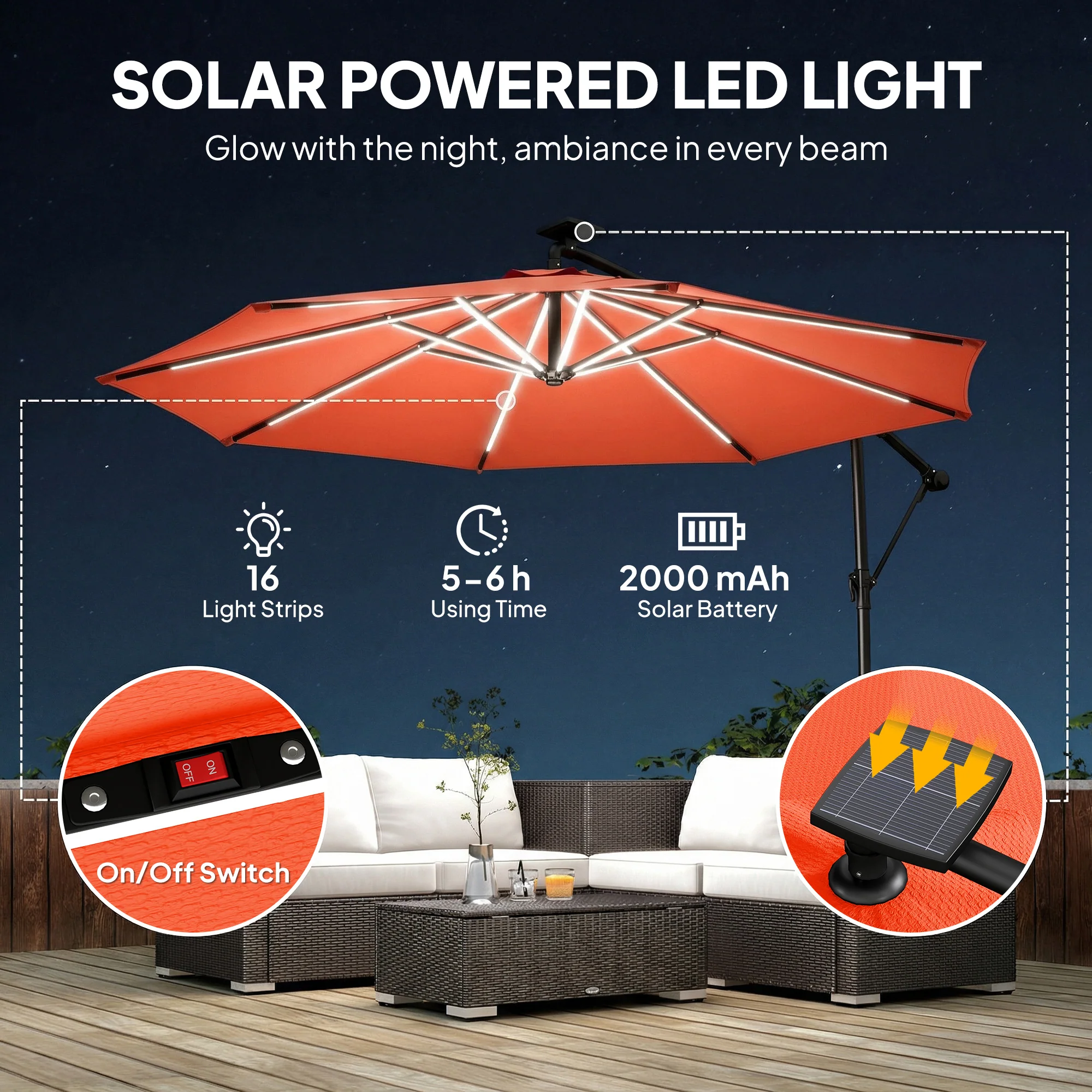Outsunny 3 M Garden Cantilever Parasol With Solar Light, Rotation, Orange - Image 4
