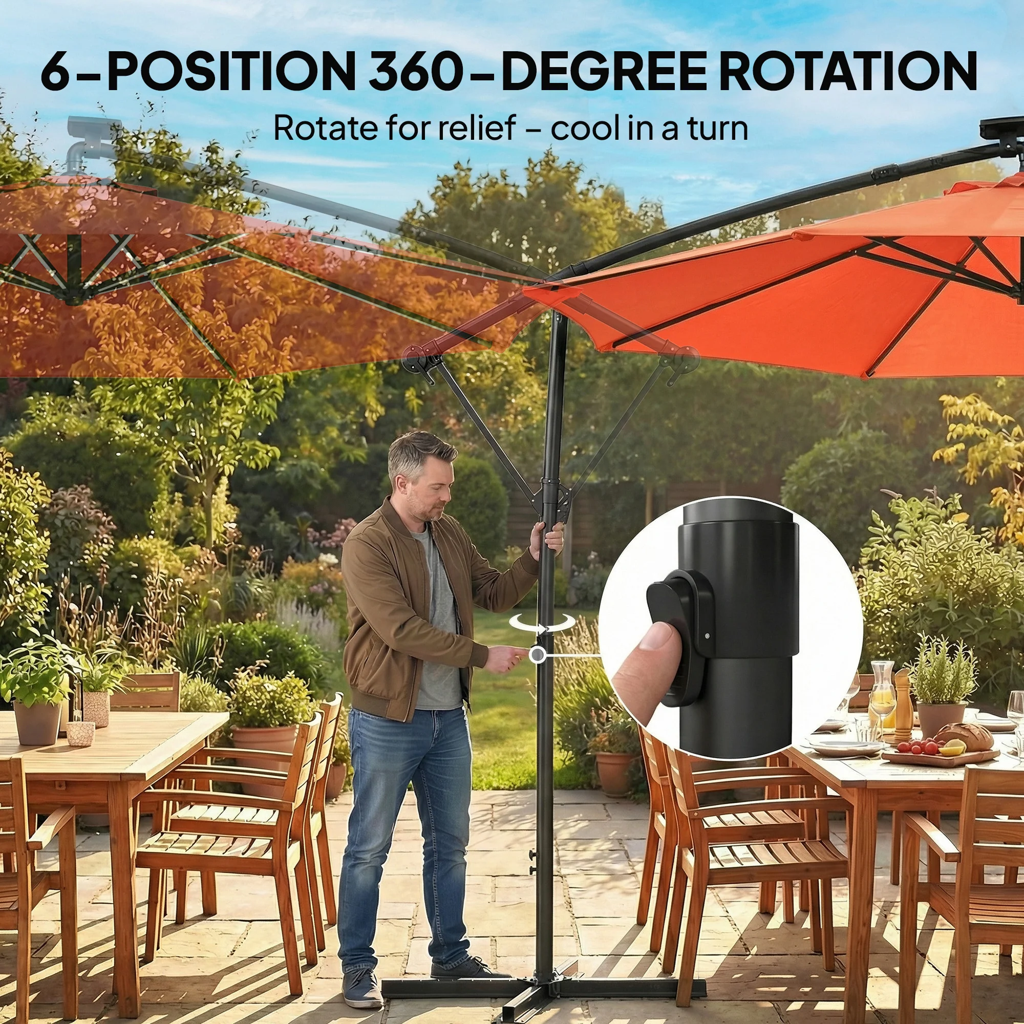 Outsunny 3 M Garden Cantilever Parasol With Solar Light, Rotation, Orange - Image 7
