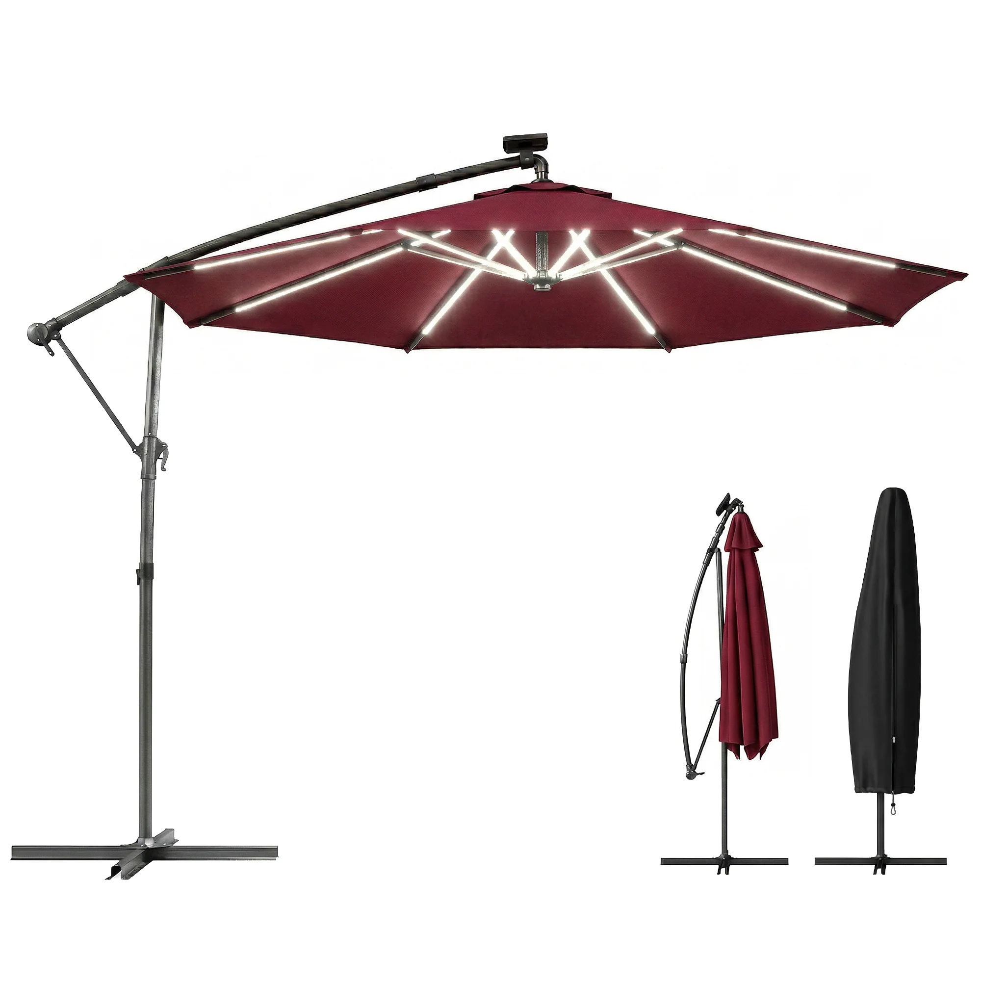 Outsunny 3 M Garden Cantilever Parasol With Solar Light, Rotation, Wine Red