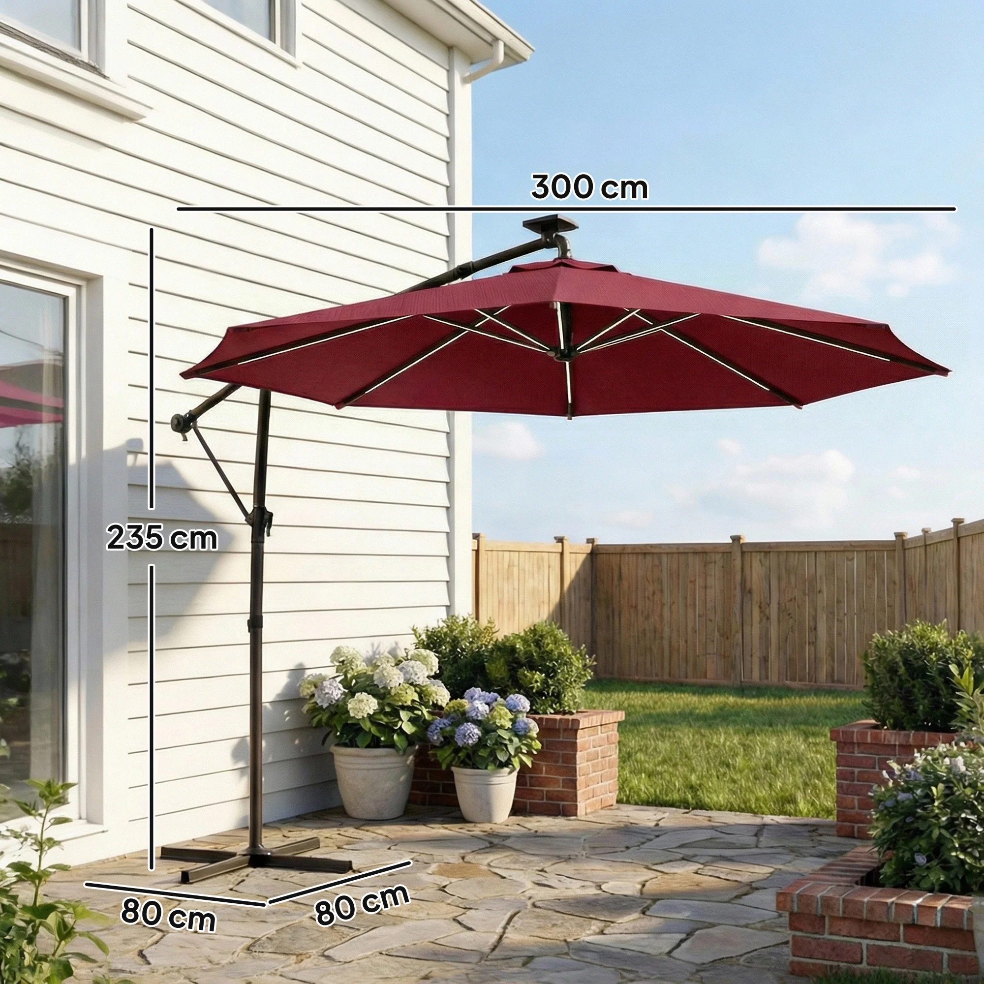 Outsunny 3 M Garden Cantilever Parasol With Solar Light, Rotation, Wine Red - Image 3