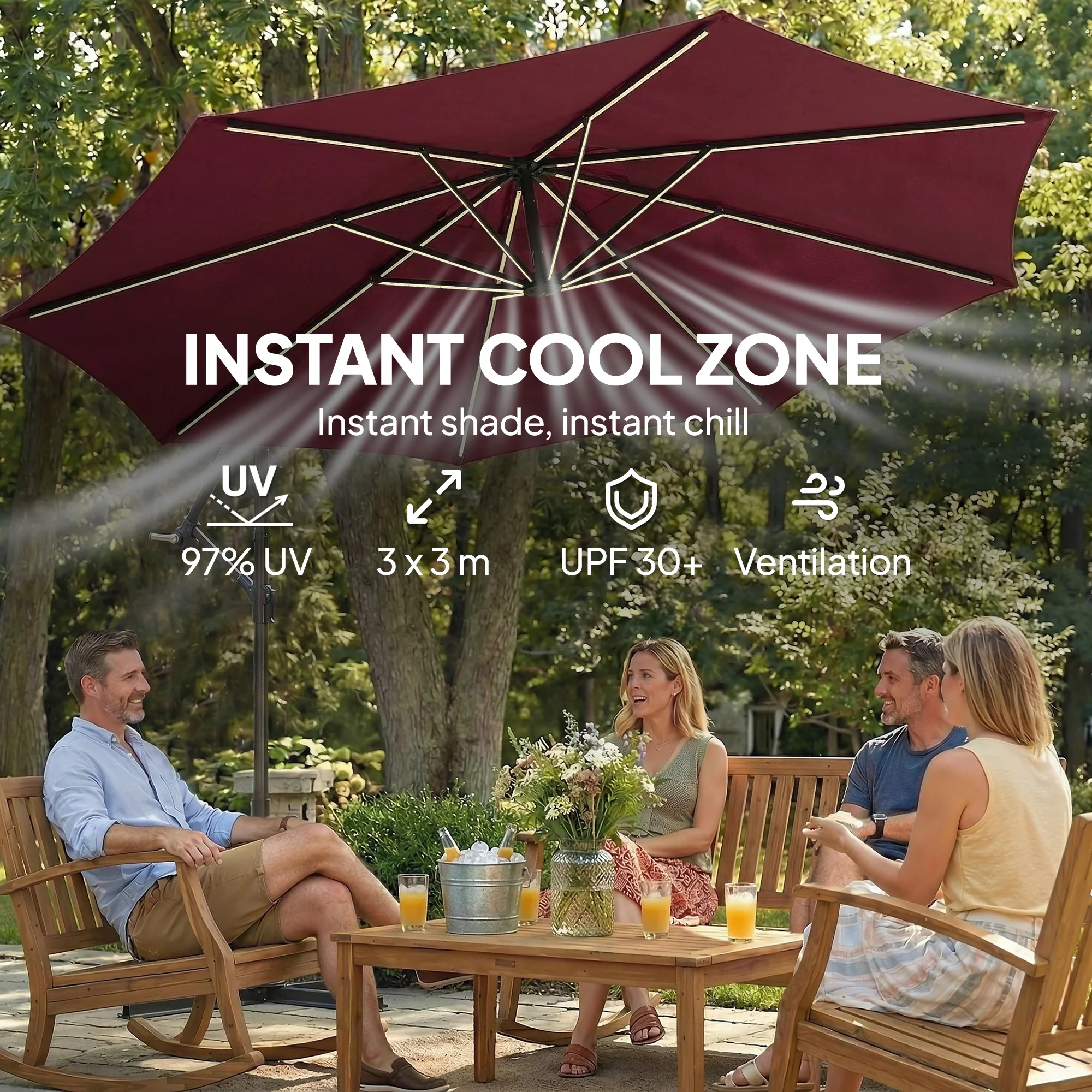 Outsunny 3 M Garden Cantilever Parasol With Solar Light, Rotation, Wine Red - Image 5