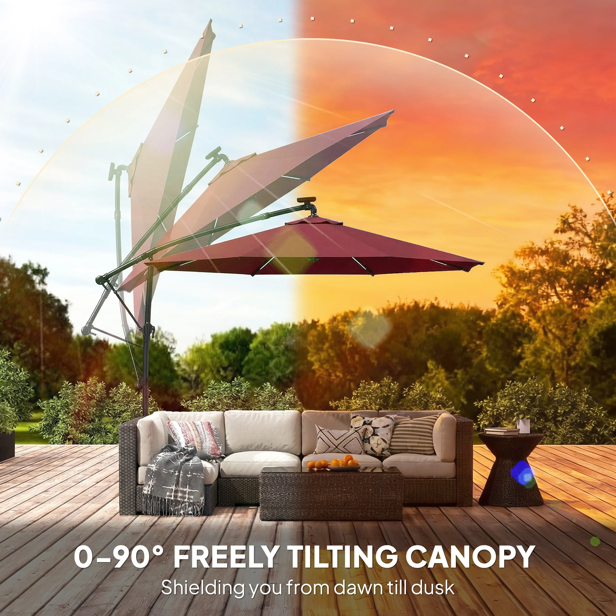 Outsunny 3 M Garden Cantilever Parasol With Solar Light, Rotation, Wine Red - Image 6