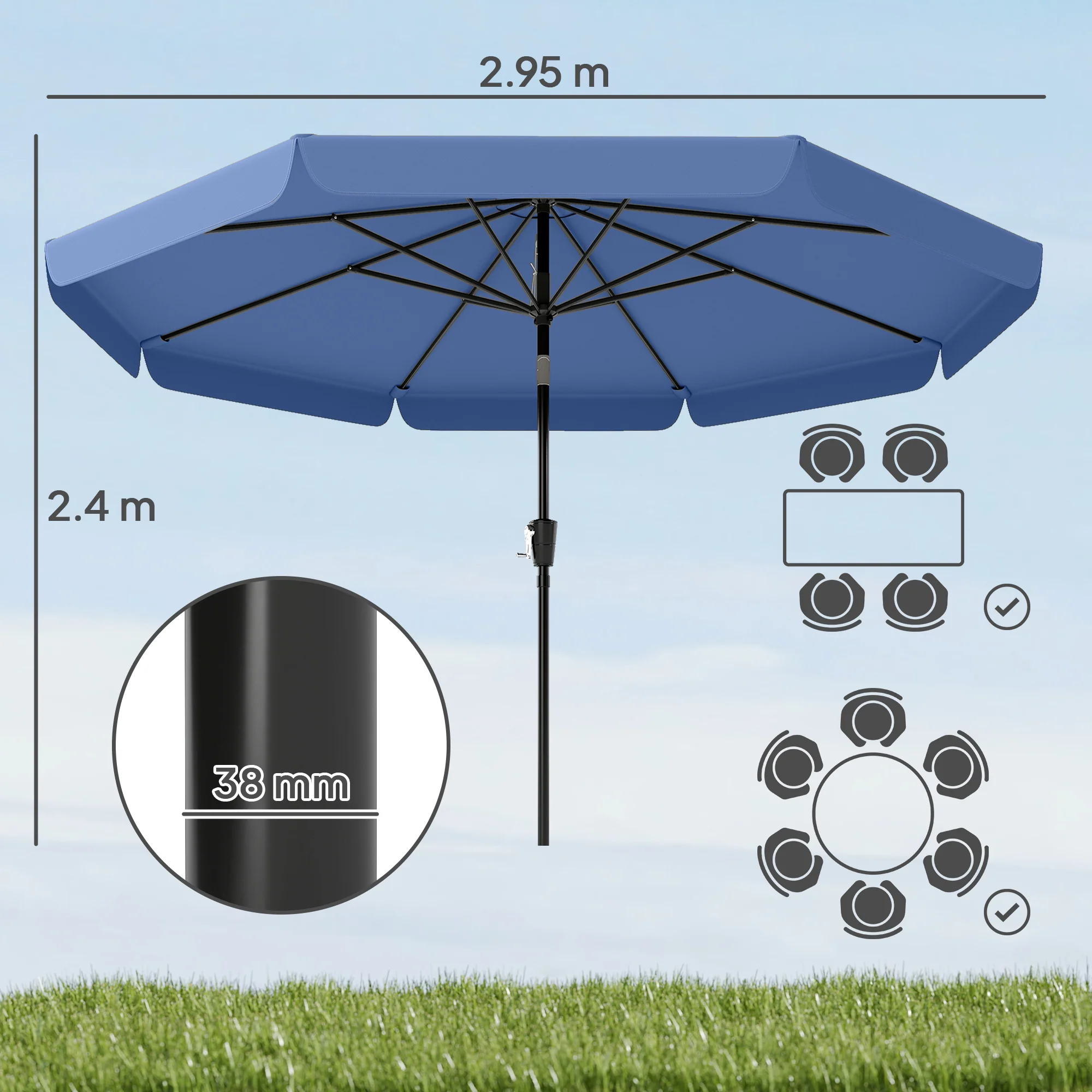 Outsunny 3 m Garden Parasol with Tilt & Crank, UPF30+ Outdoor Table Umbrella - Image 3
