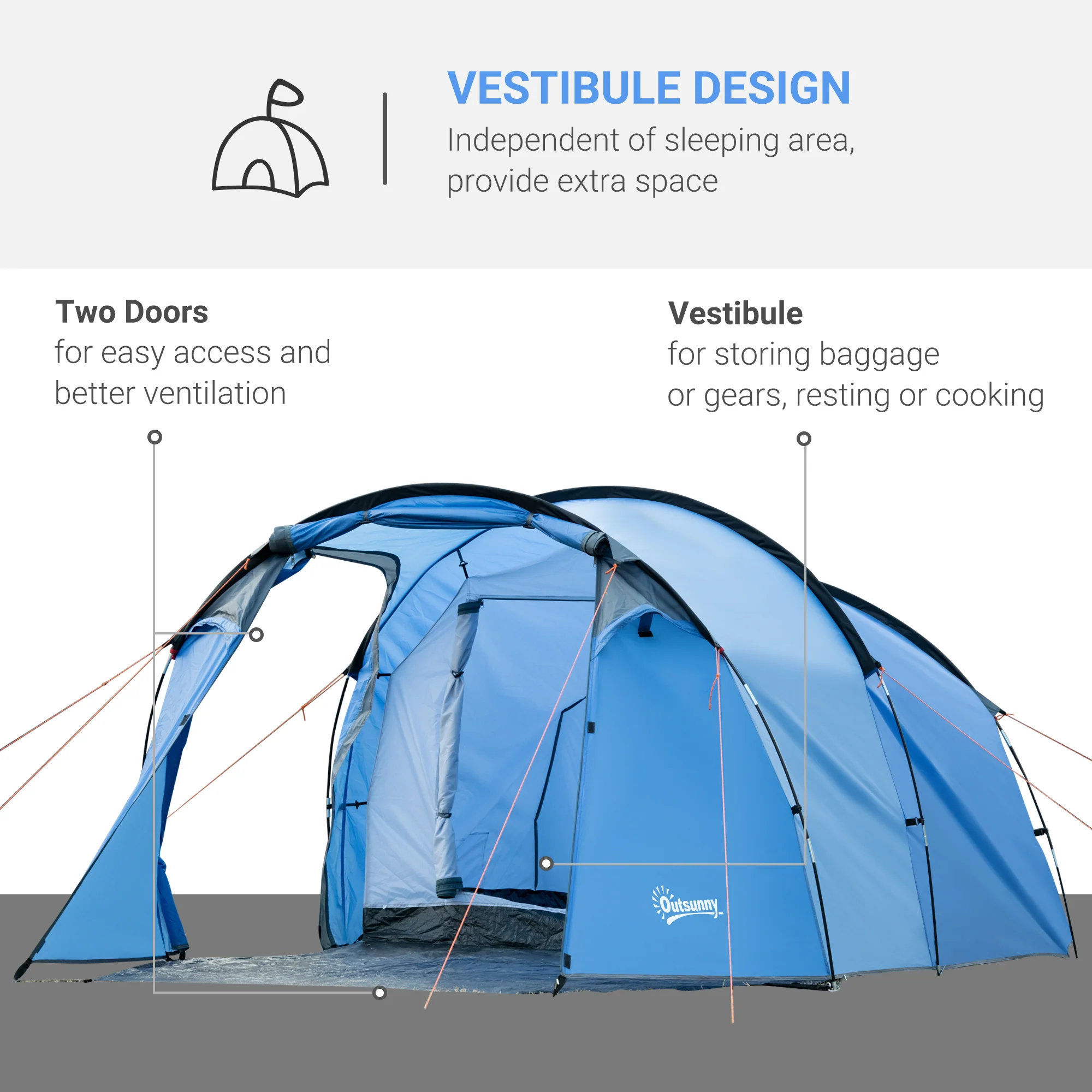 Outsunny 3 Man 2 Room Tent Camping Tent With Living Area Air Vents Blue - Image 3