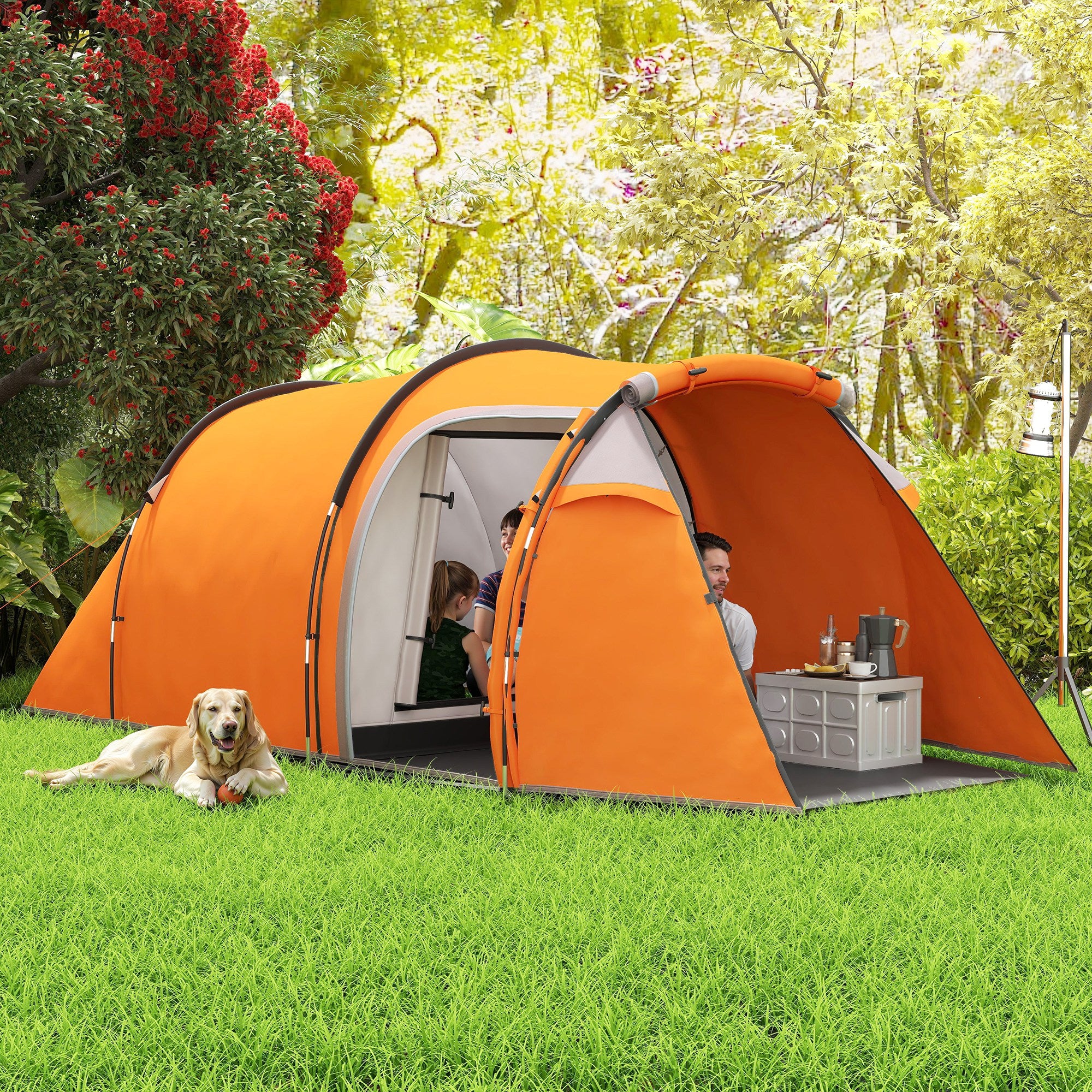 Outsunny 3 Man 2-Room Tent Camping Tent With Living Area Air Vents Orange - Image 2