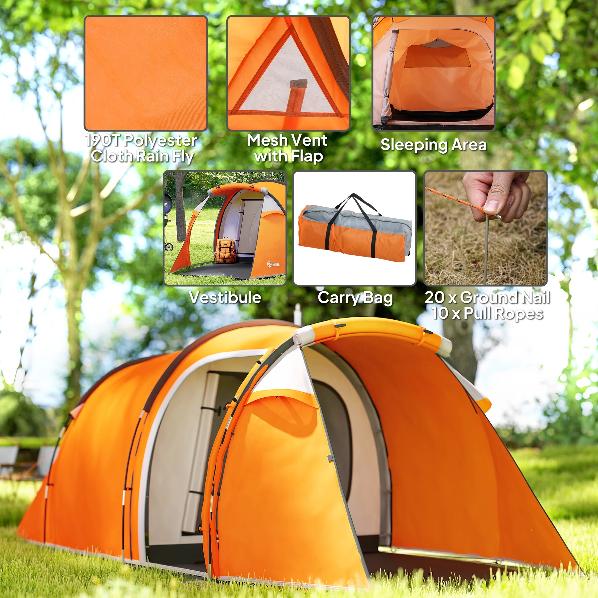 Outsunny 3 Man 2-Room Tent Camping Tent With Living Area Air Vents Orange - Image 3