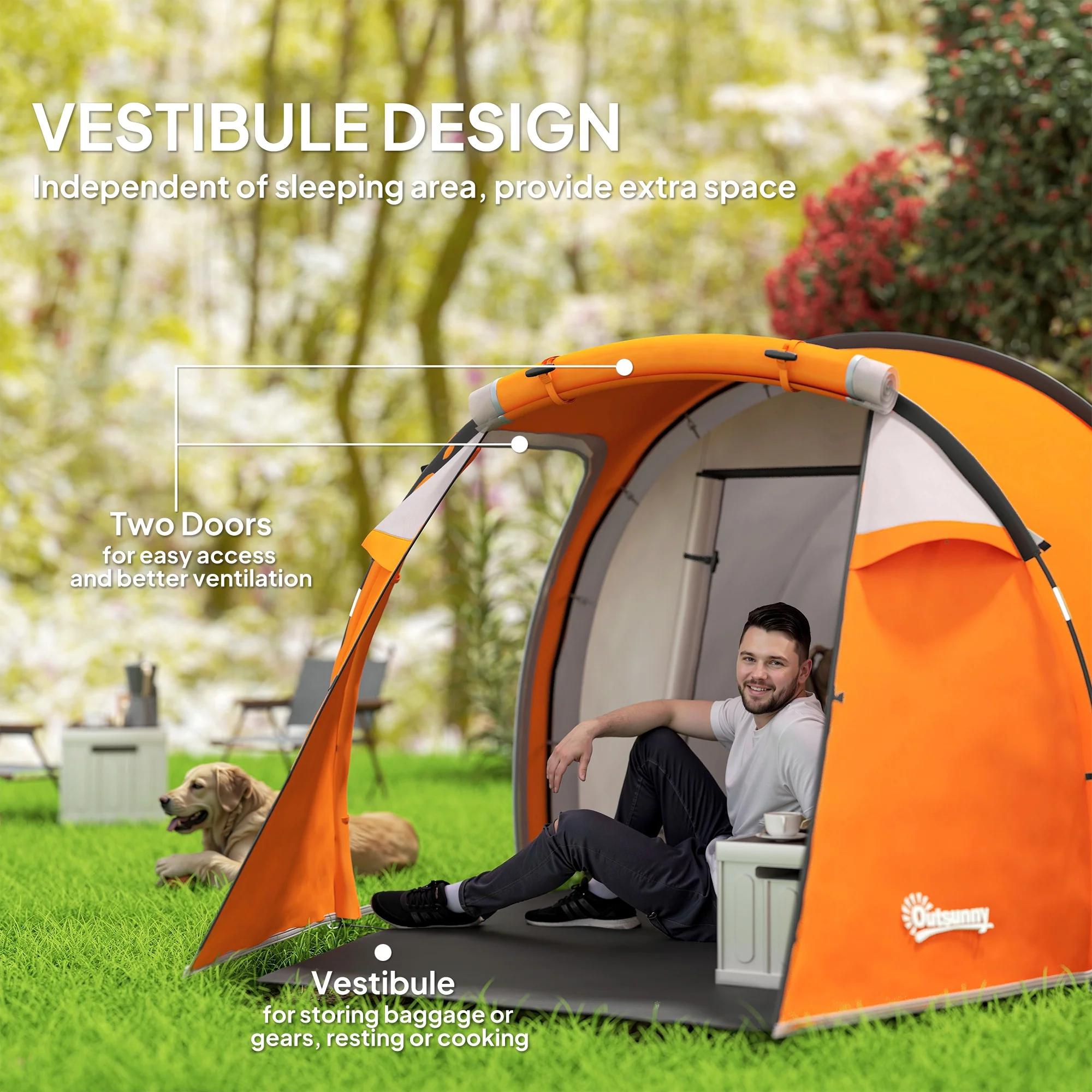 Outsunny 3 Man 2-Room Tent Camping Tent With Living Area Air Vents Orange - Image 4