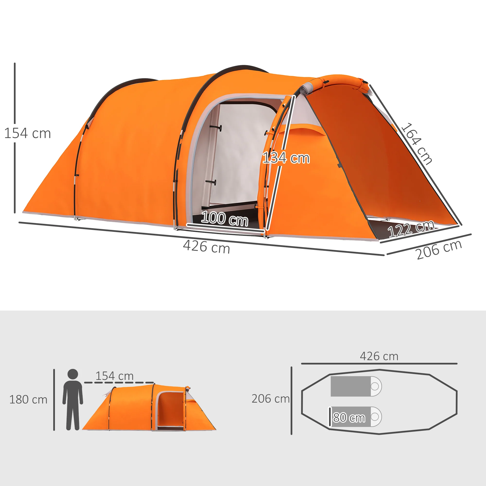 Outsunny 3 Man 2-Room Tent Camping Tent With Living Area Air Vents Orange - Image 5