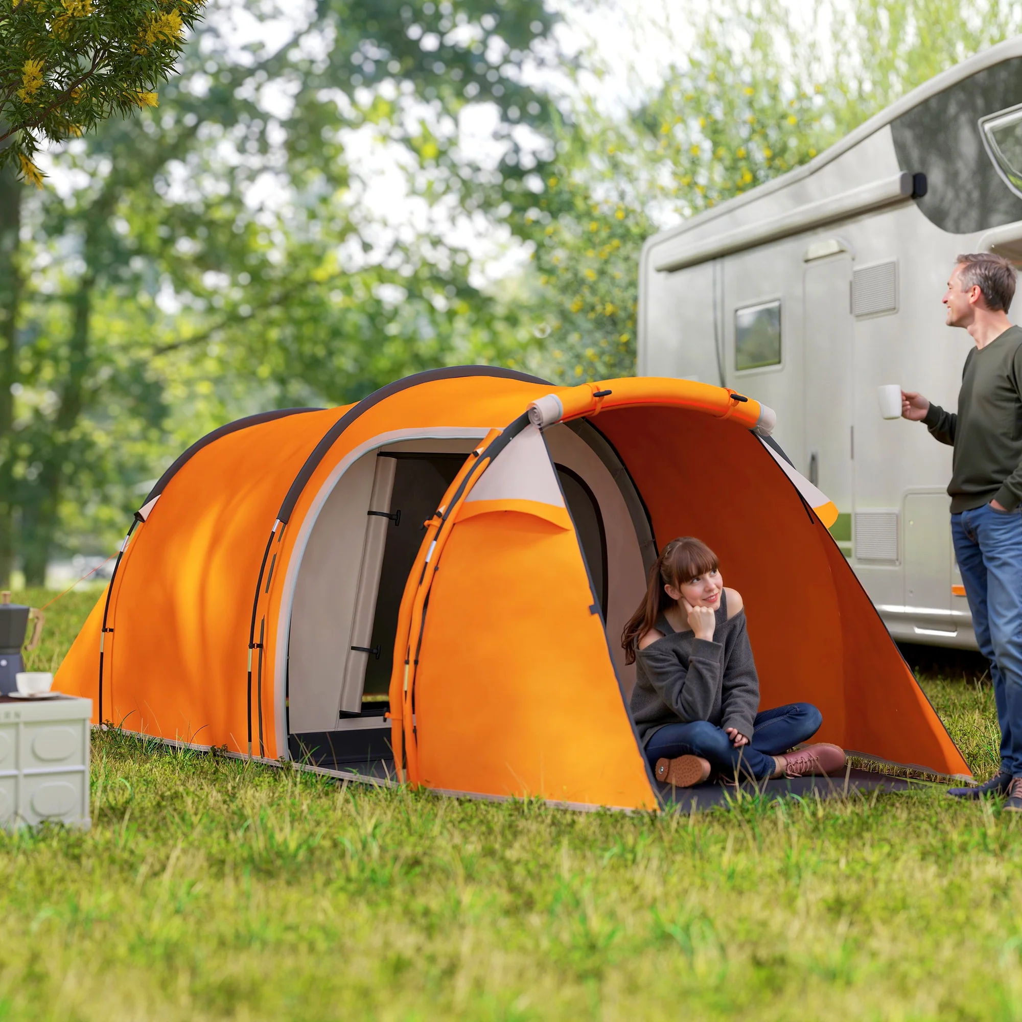 Outsunny 3 Man 2-Room Tent Camping Tent With Living Area Air Vents Orange - Image 8