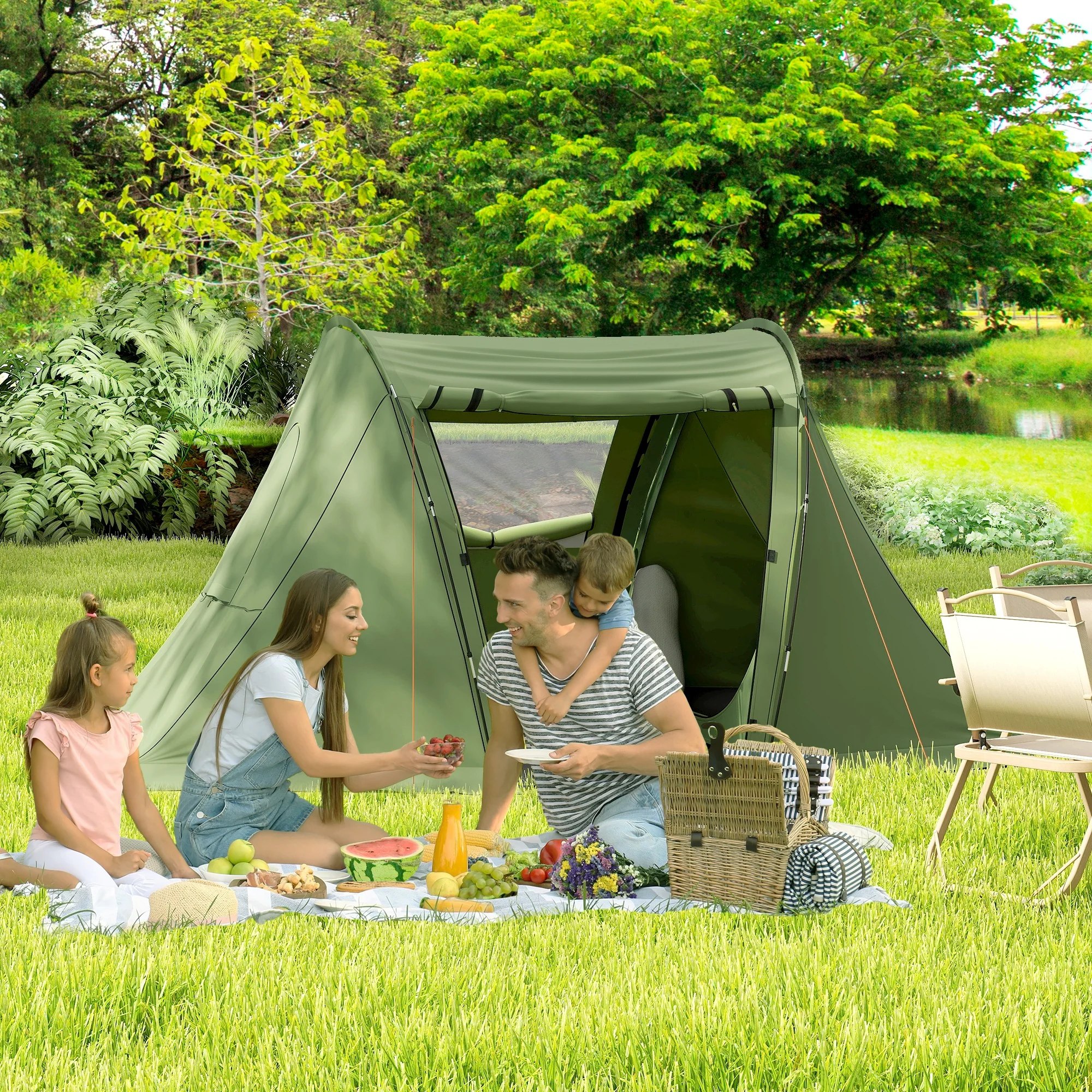 Outsunny 3 Man Camping Tent With 2 Bedrooms, 3000mm Waterproof - Dark Grey/Green - Image 11