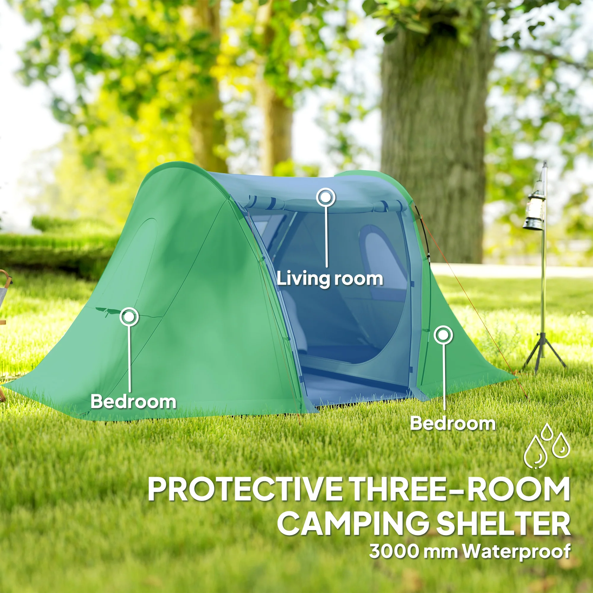 Outsunny 3 Man Camping Tent With 2 Bedrooms, 3000mm Waterproof - Dark Grey/Green - Image 12