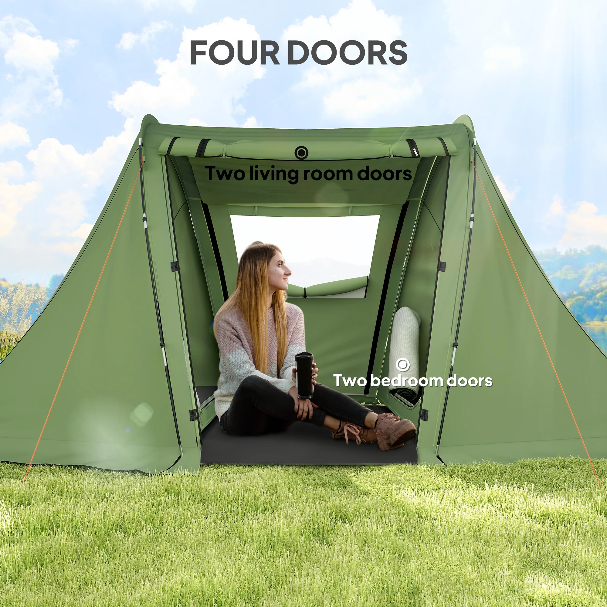 Outsunny 3 Man Camping Tent With 2 Bedrooms, 3000mm Waterproof - Dark Grey/Green - Image 13