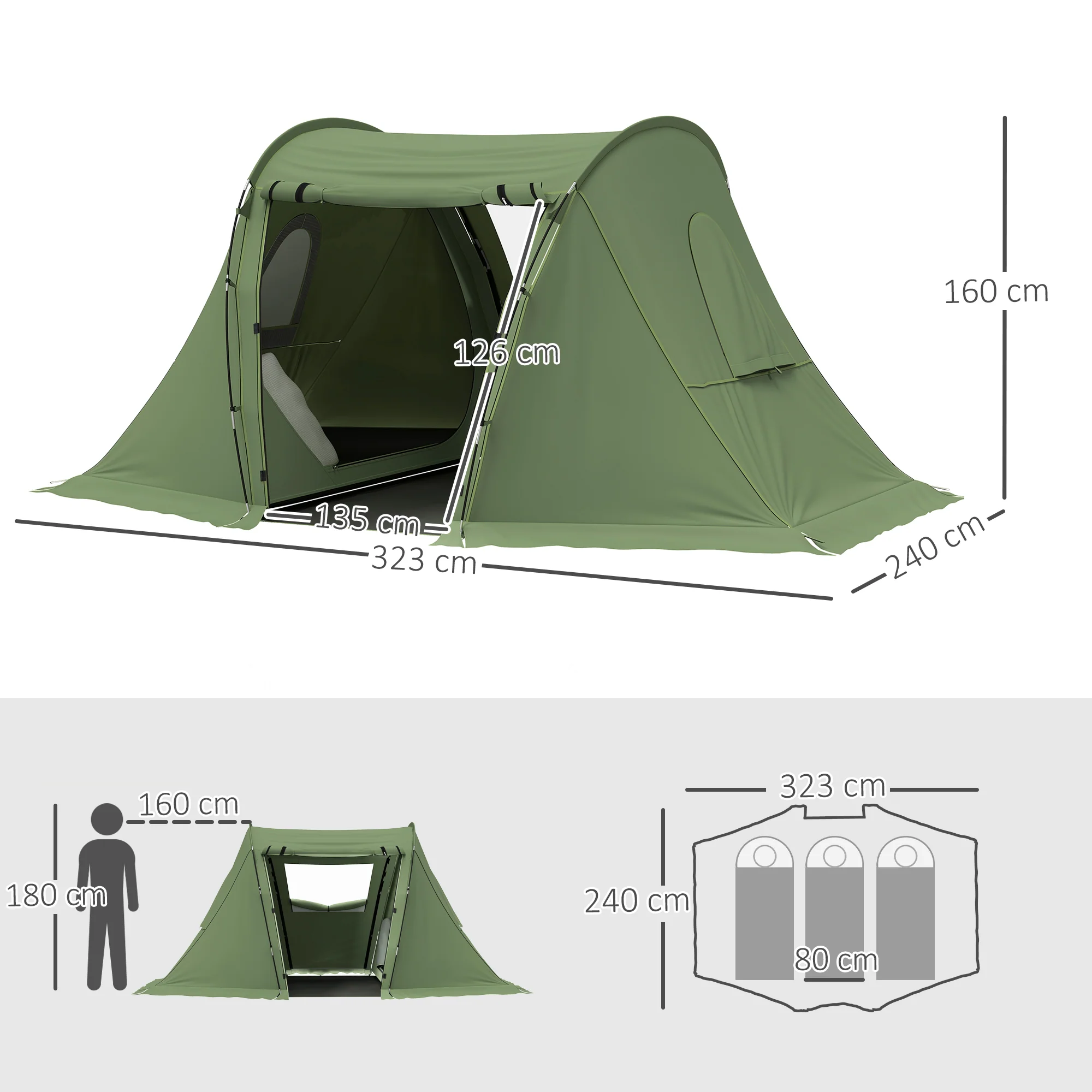 Outsunny 3 Man Camping Tent With 2 Bedrooms, 3000mm Waterproof - Dark Grey/Green - Image 14