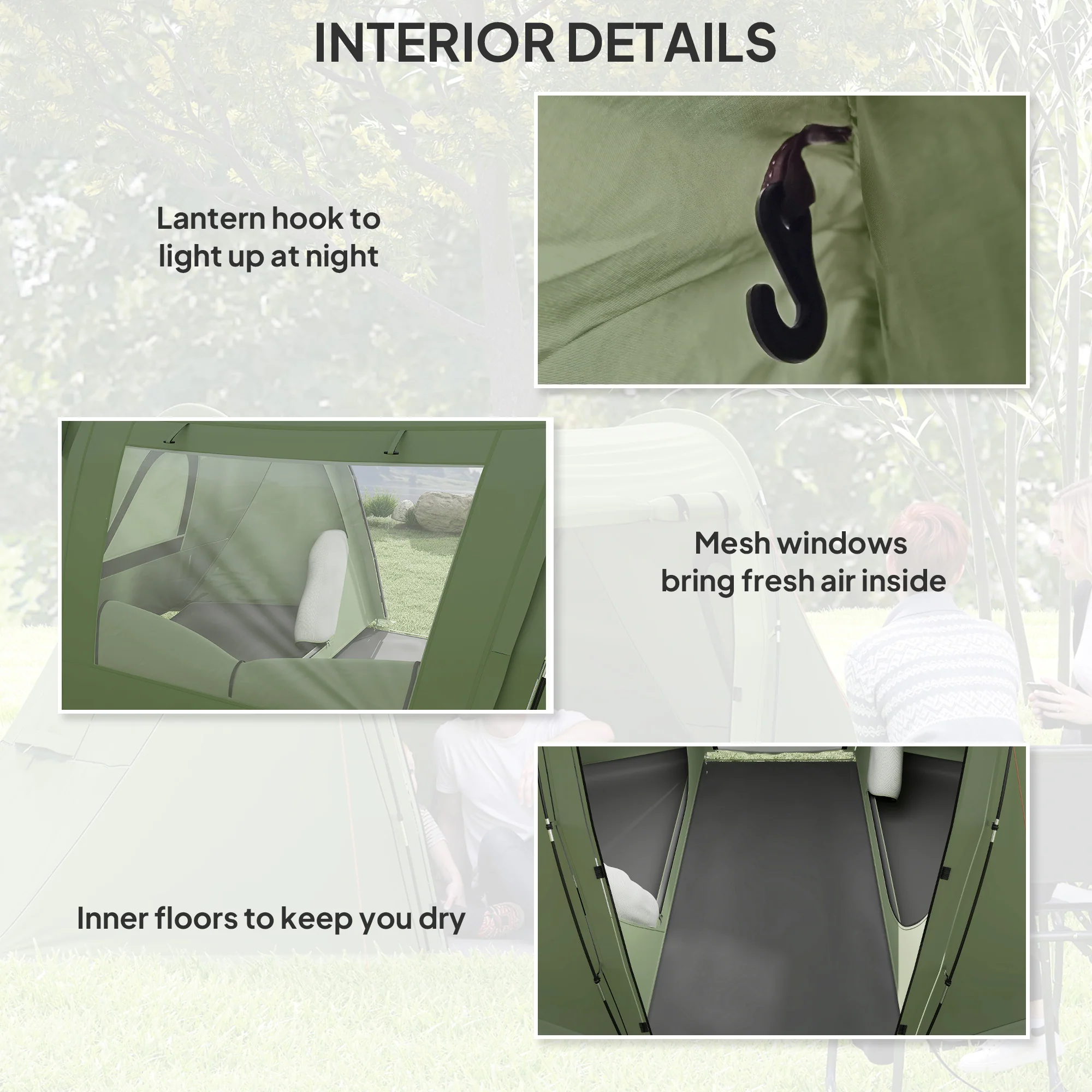Outsunny 3 Man Camping Tent With 2 Bedrooms, 3000mm Waterproof - Dark Grey/Green - Image 15
