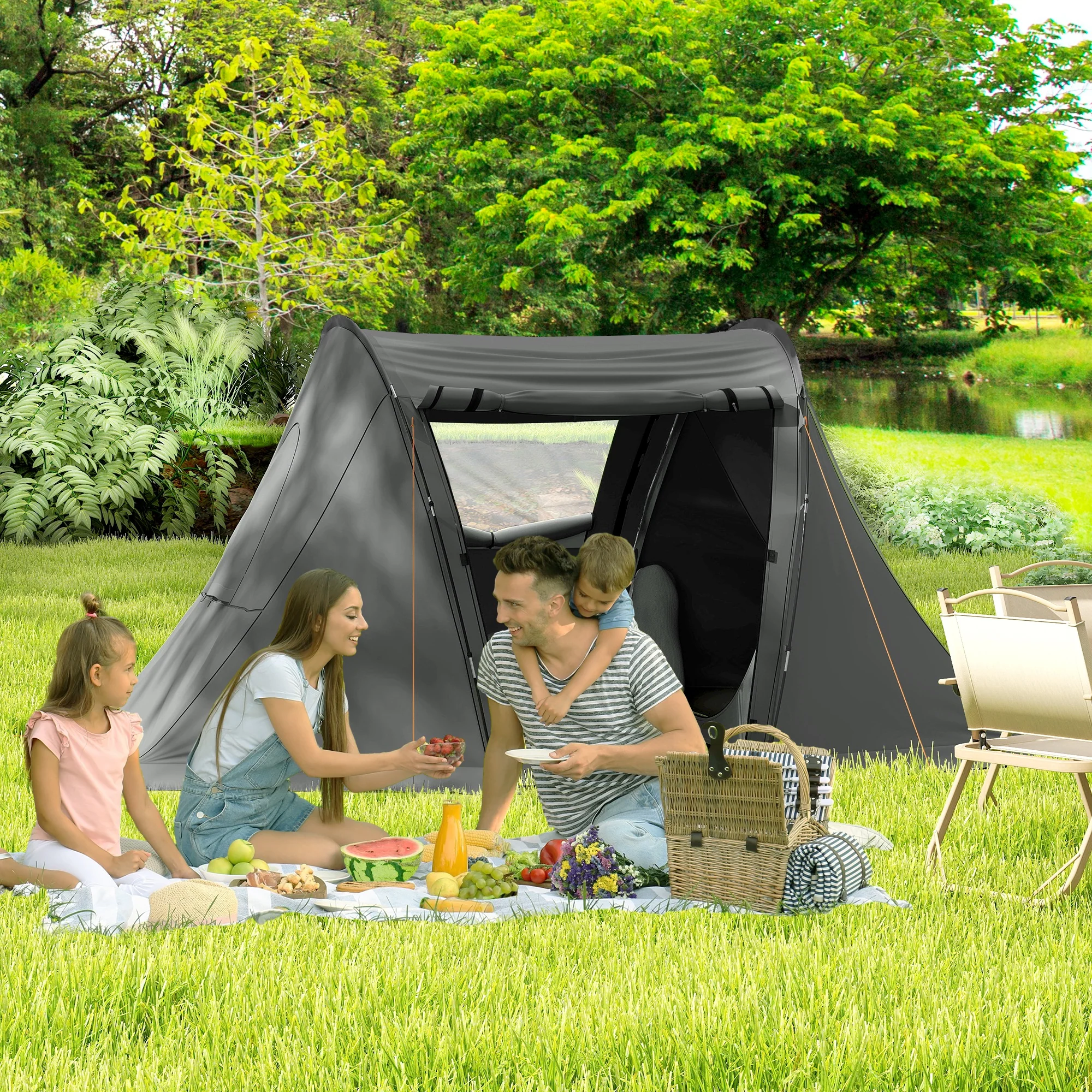 Outsunny 3 Man Camping Tent With 2 Bedrooms, 3000mm Waterproof - Dark Grey/Green - Image 2