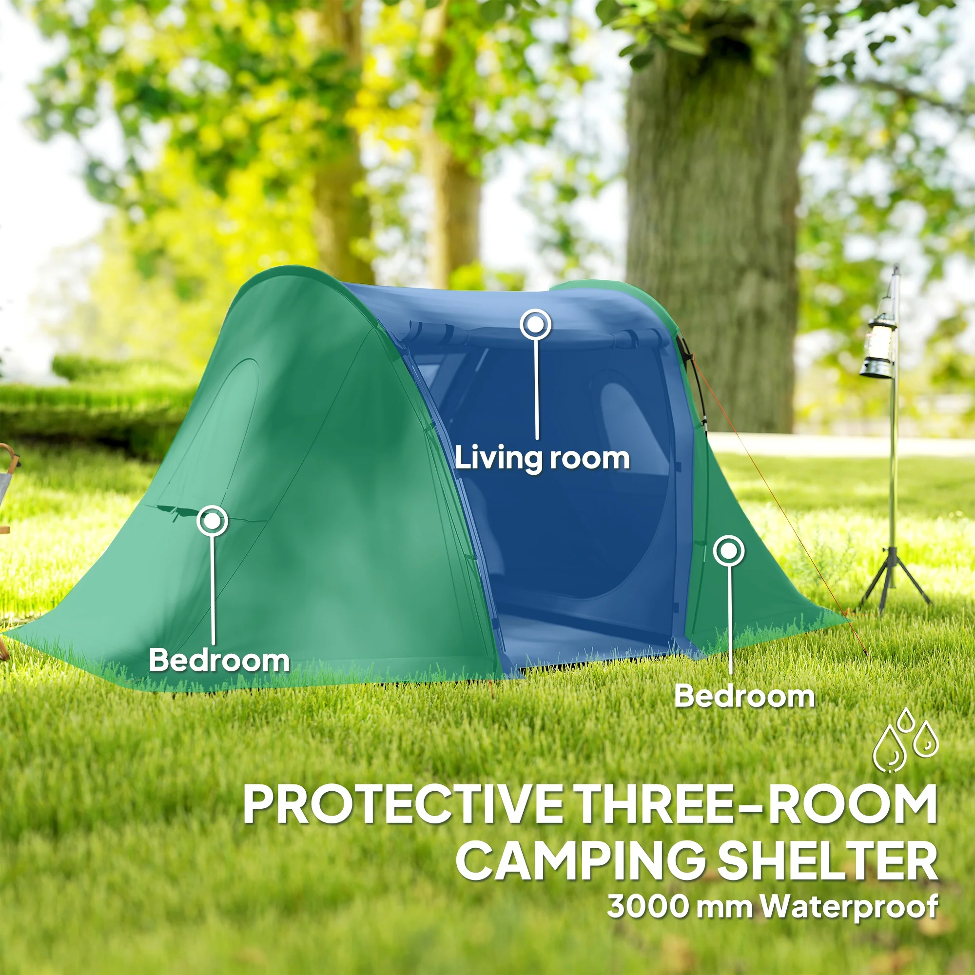 Outsunny 3 Man Camping Tent With 2 Bedrooms, 3000mm Waterproof - Dark Grey/Green - Image 3