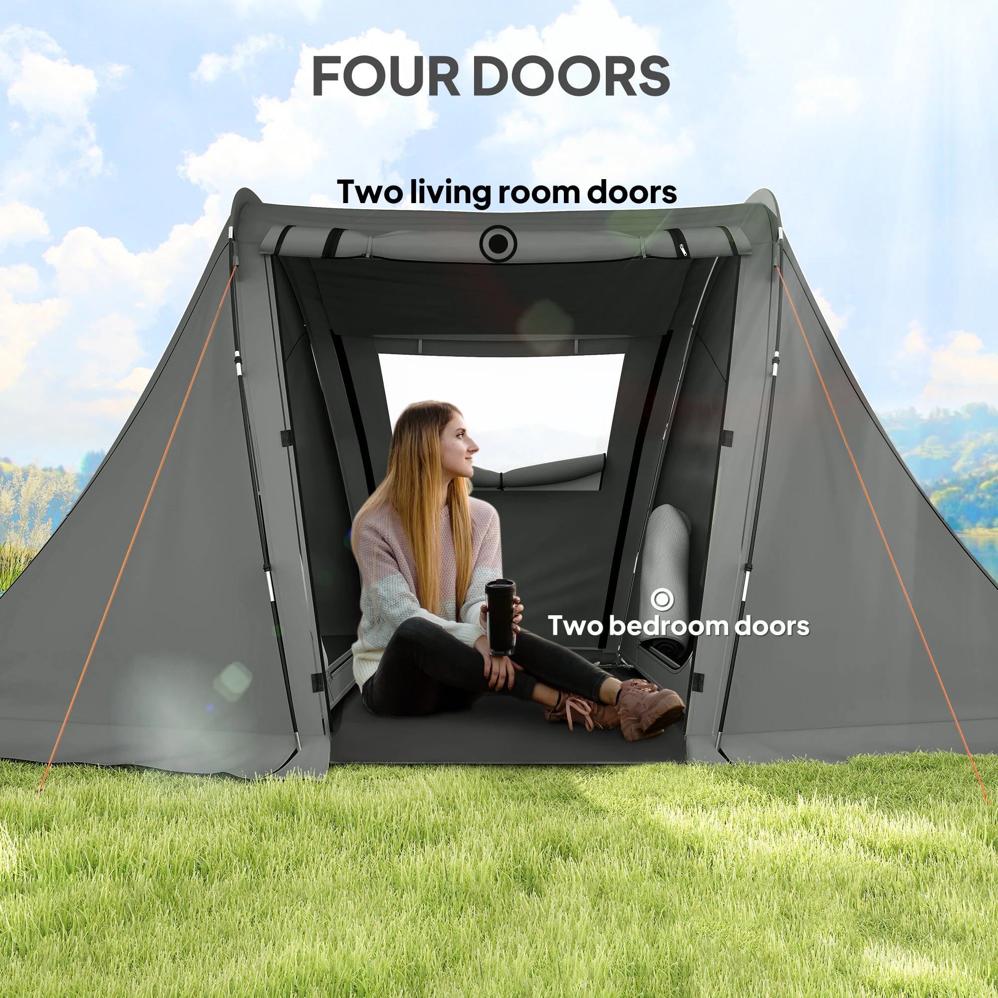 Outsunny 3 Man Camping Tent With 2 Bedrooms, 3000mm Waterproof - Dark Grey/Green - Image 4
