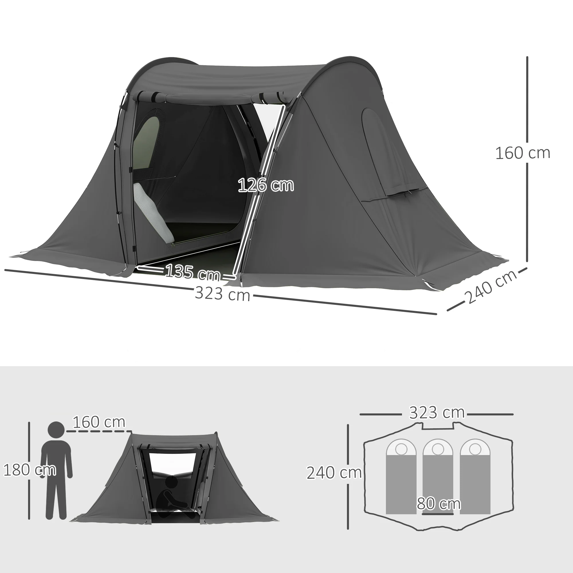 Outsunny 3 Man Camping Tent With 2 Bedrooms, 3000mm Waterproof - Dark Grey/Green - Image 5