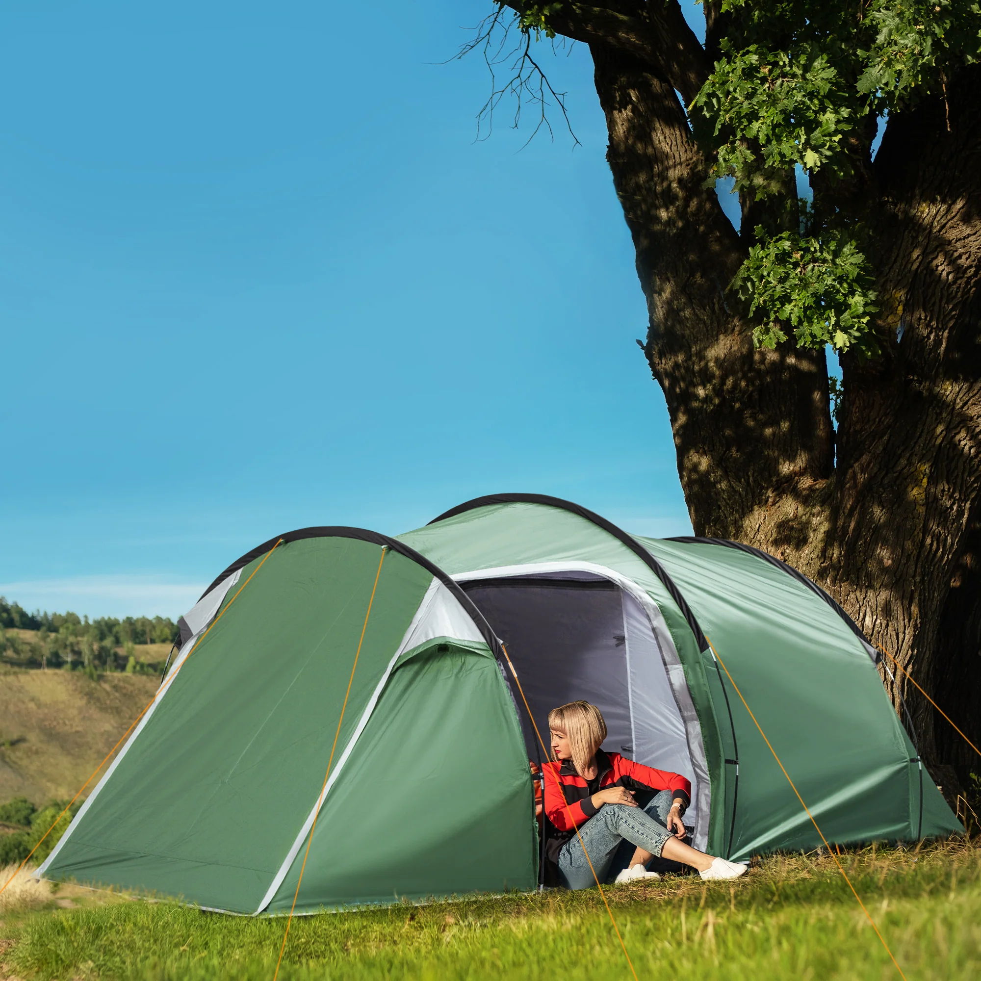 Outsunny 3 Man Camping Tent with Porch and Weather-Resistant Rainfly, Green - Image 2
